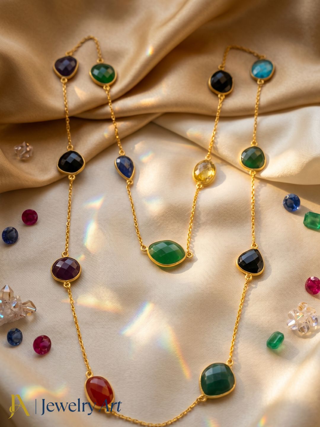 Fashion matte gold plated necklace with faceted colorful stones
