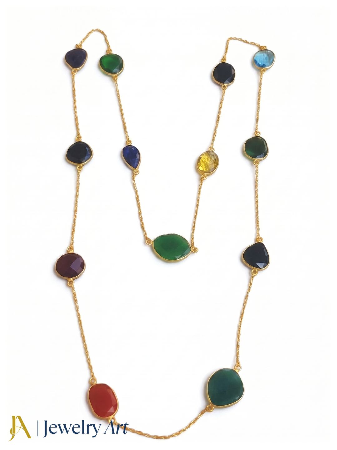 Fashion matte gold plated necklace with faceted colorful stones
