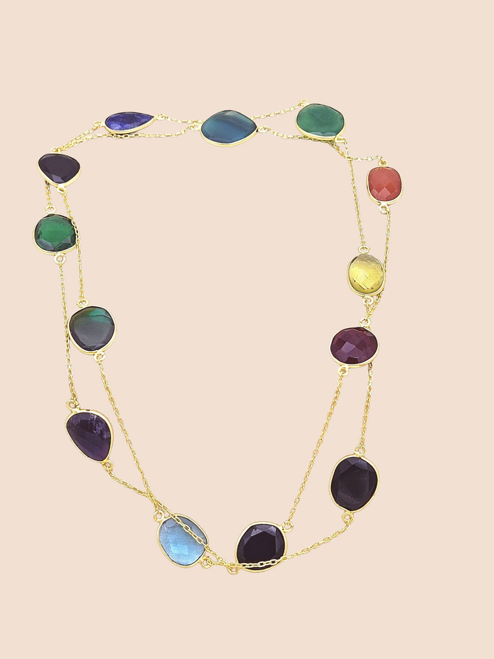 Charming Handcrafted Matte Finish Golden Faceted Multi Color Stones Bezel Designer Light weight long Chain Necklace
