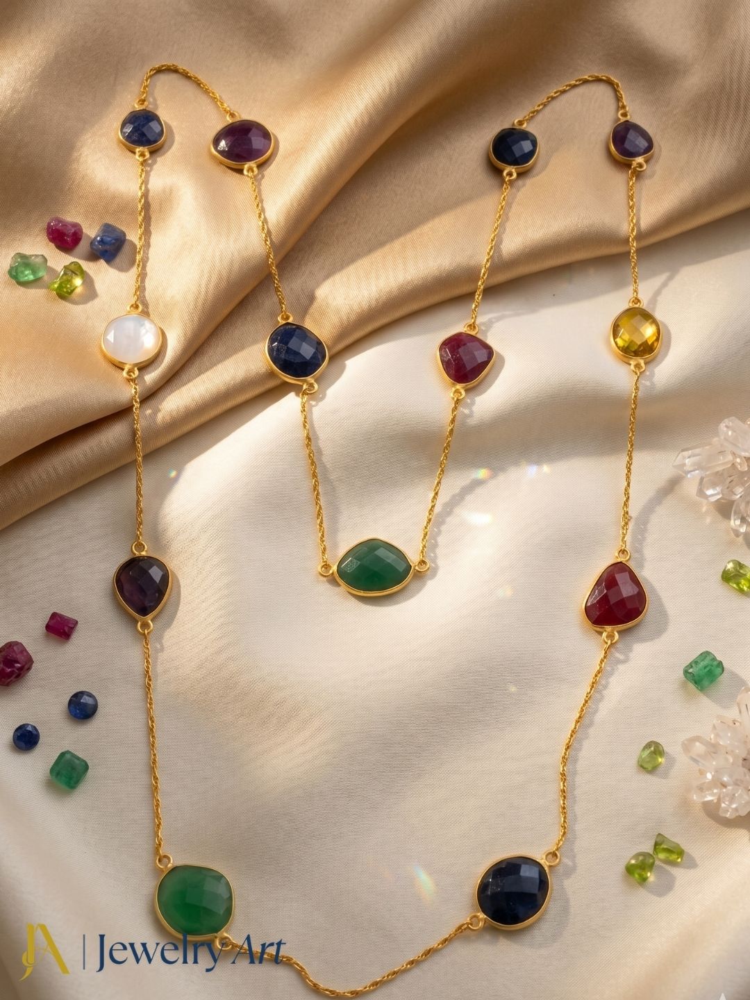 Lightweight handcrafted necklace with faceted multi color stone detailing
