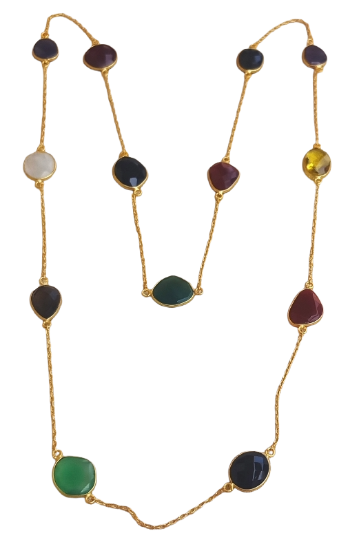Charming Handcrafted Matte Finish Golden Faceted Multi Color Stones Bezel Designer Light weight long Chain Necklace