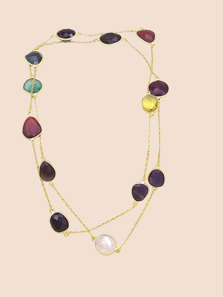 Charming Handcrafted Matte Finish Golden Faceted Multi Color Stones Bezel Designer Light weight long Chain Necklace
