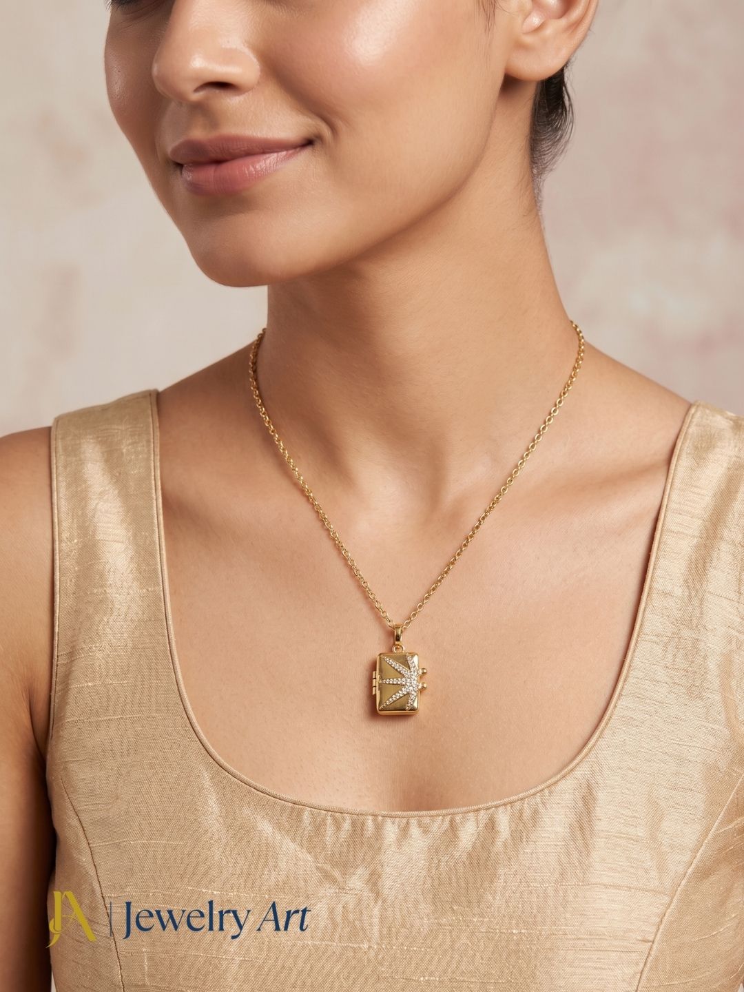 Gold plated AD stone openable box pendant necklace lightweight designer jewelry
