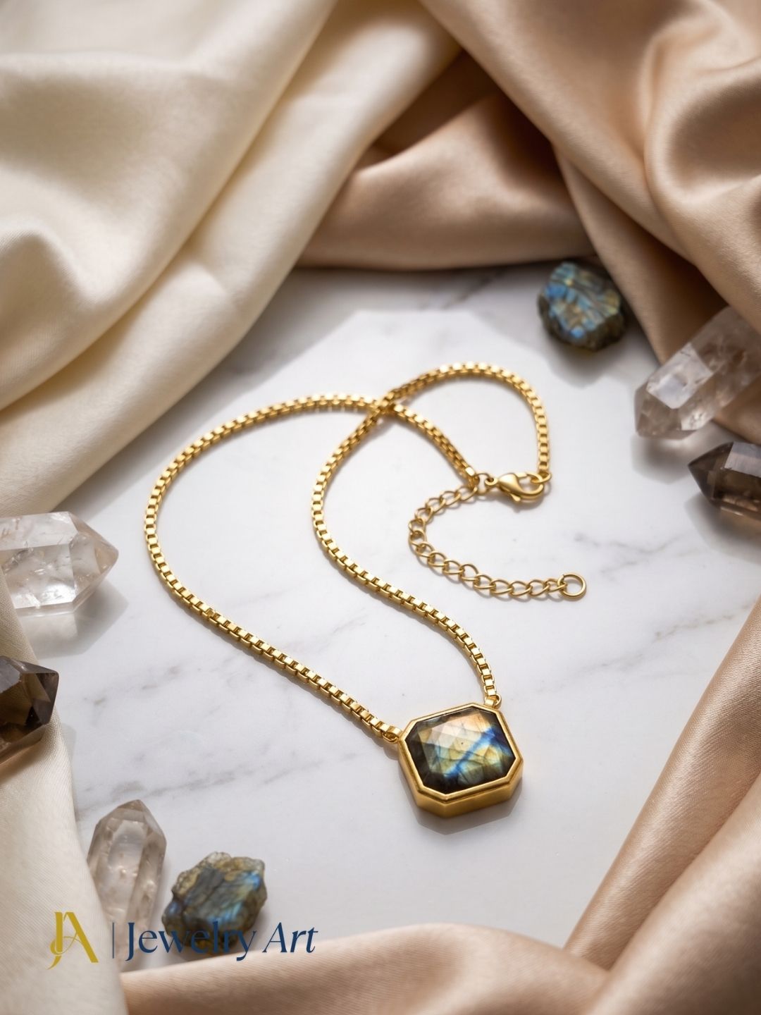 Gold plated labradorite gemstone pendant adjustable chain necklace lightweight designer jewelry
