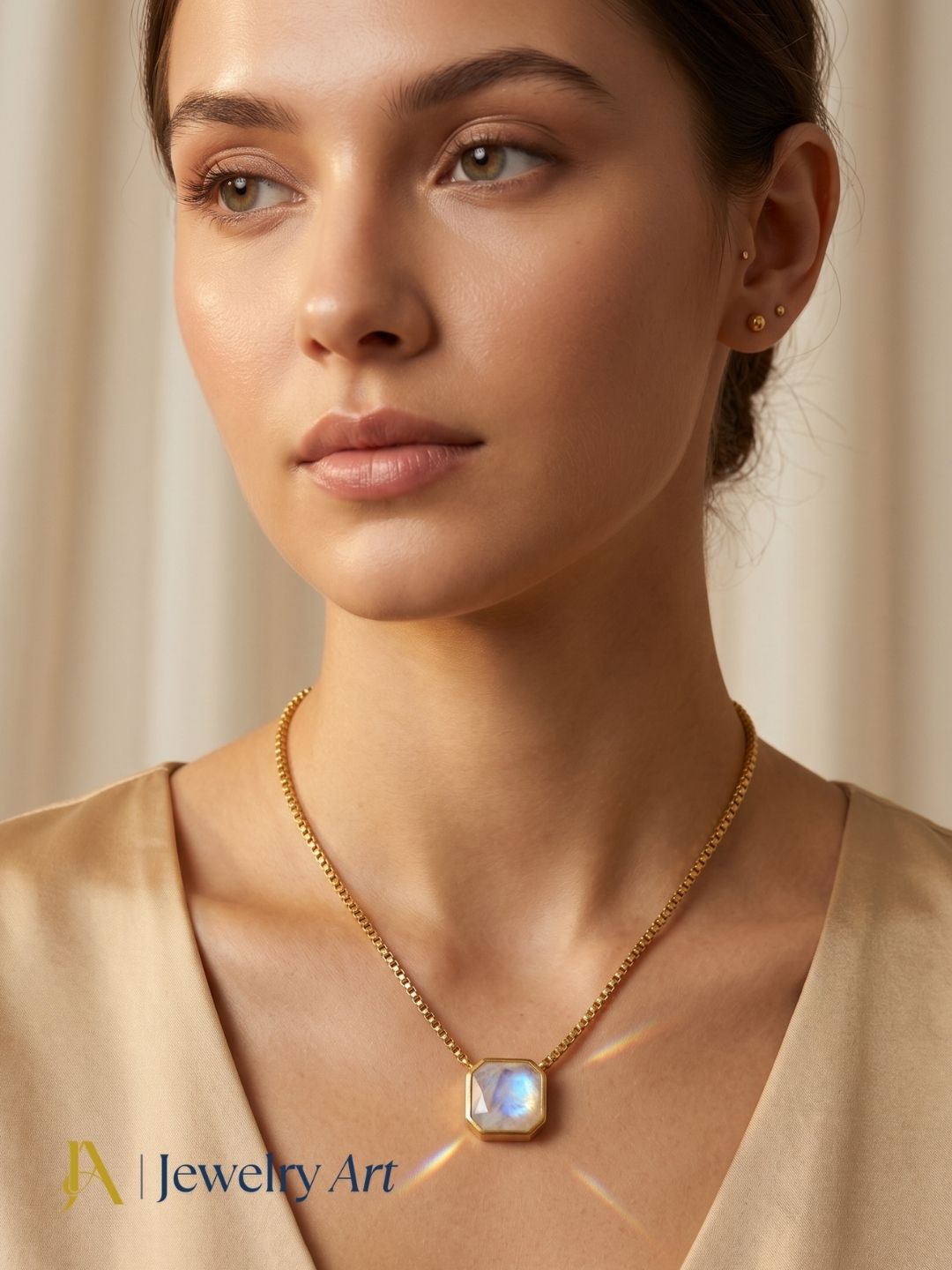 Stylish rainbow gemstone pendant with adjustable gold plated box chain jewelry
