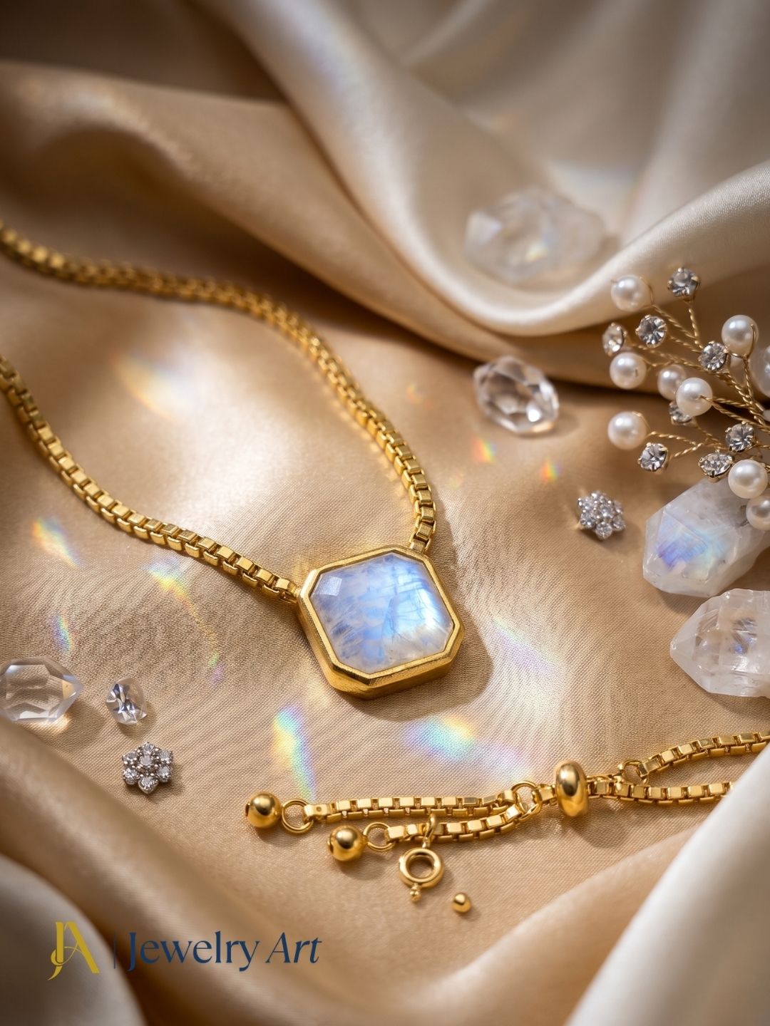 Stylish rainbow gemstone pendant with adjustable gold plated box chain jewelry
