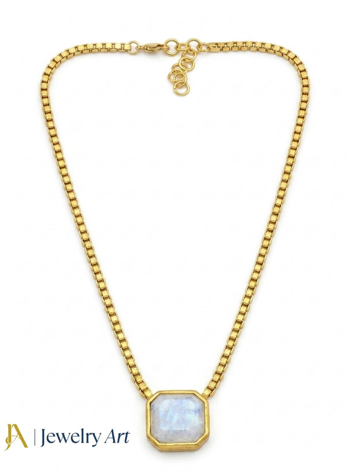 Stylish rainbow gemstone pendant with adjustable gold plated box chain jewelry
