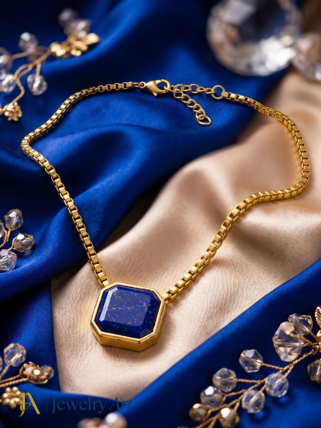Elegant gold plated lapis lazuli pendant necklace with adjustable box chain designer gemstone jewelry for women
