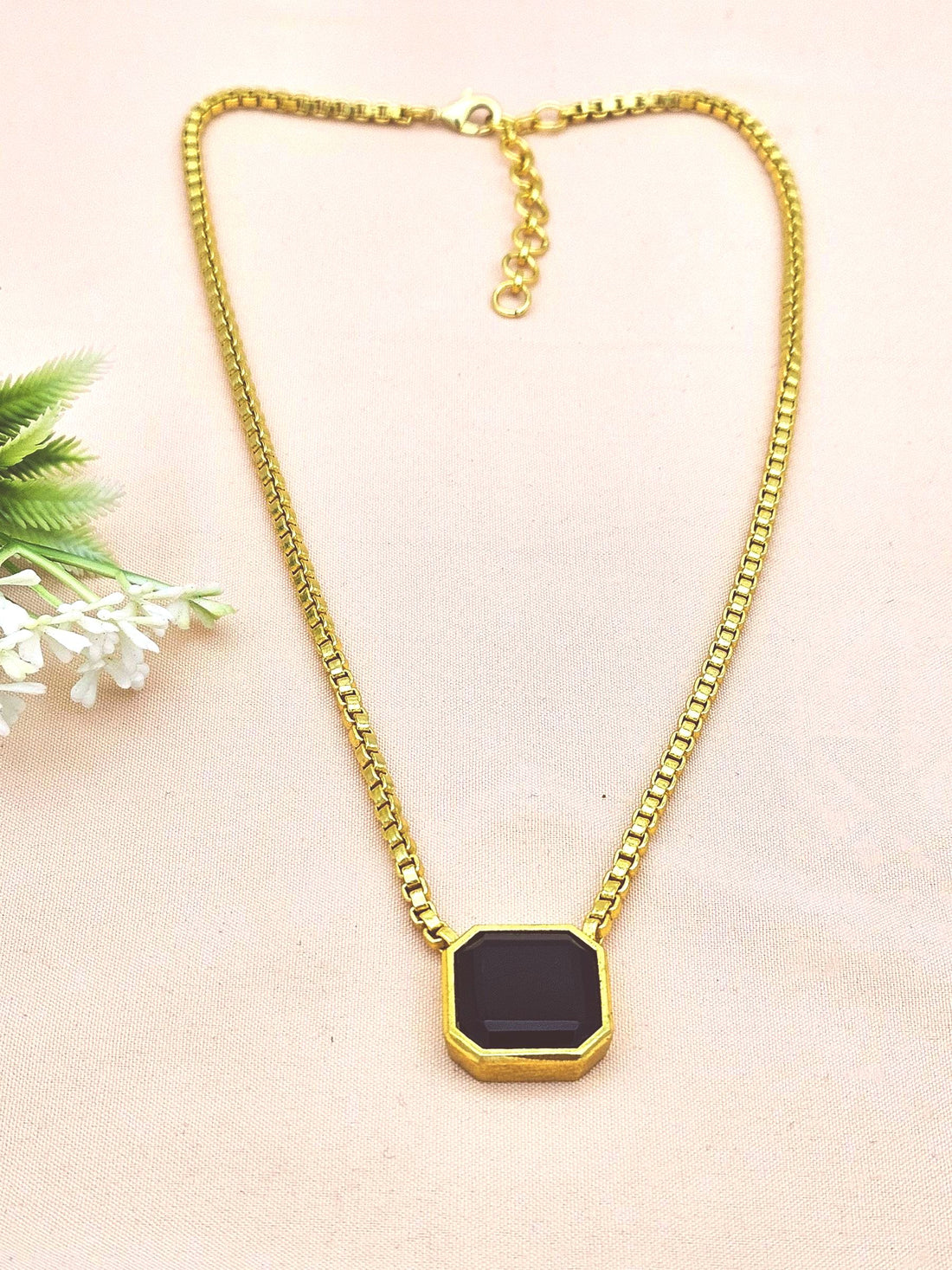 Awesome Gold Plated Black Onyx Gem Stone Designer Adjustable Box Chain Pendant