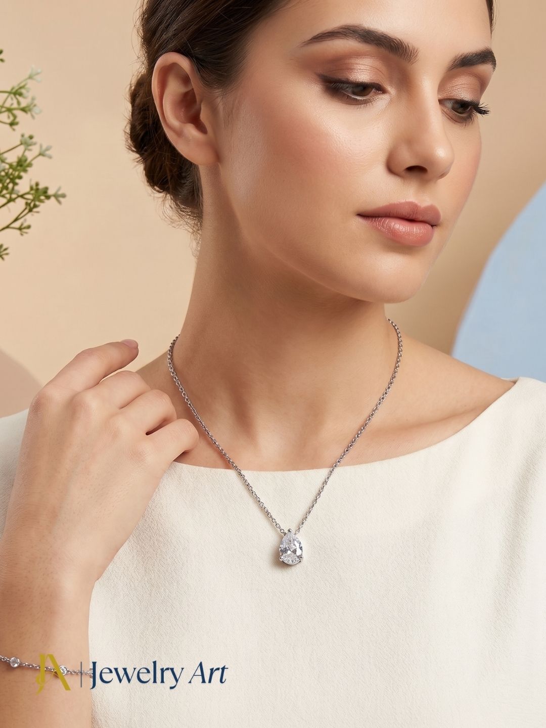 modern pan drop chain pendant white rhodium cubic zirconia elegant design
