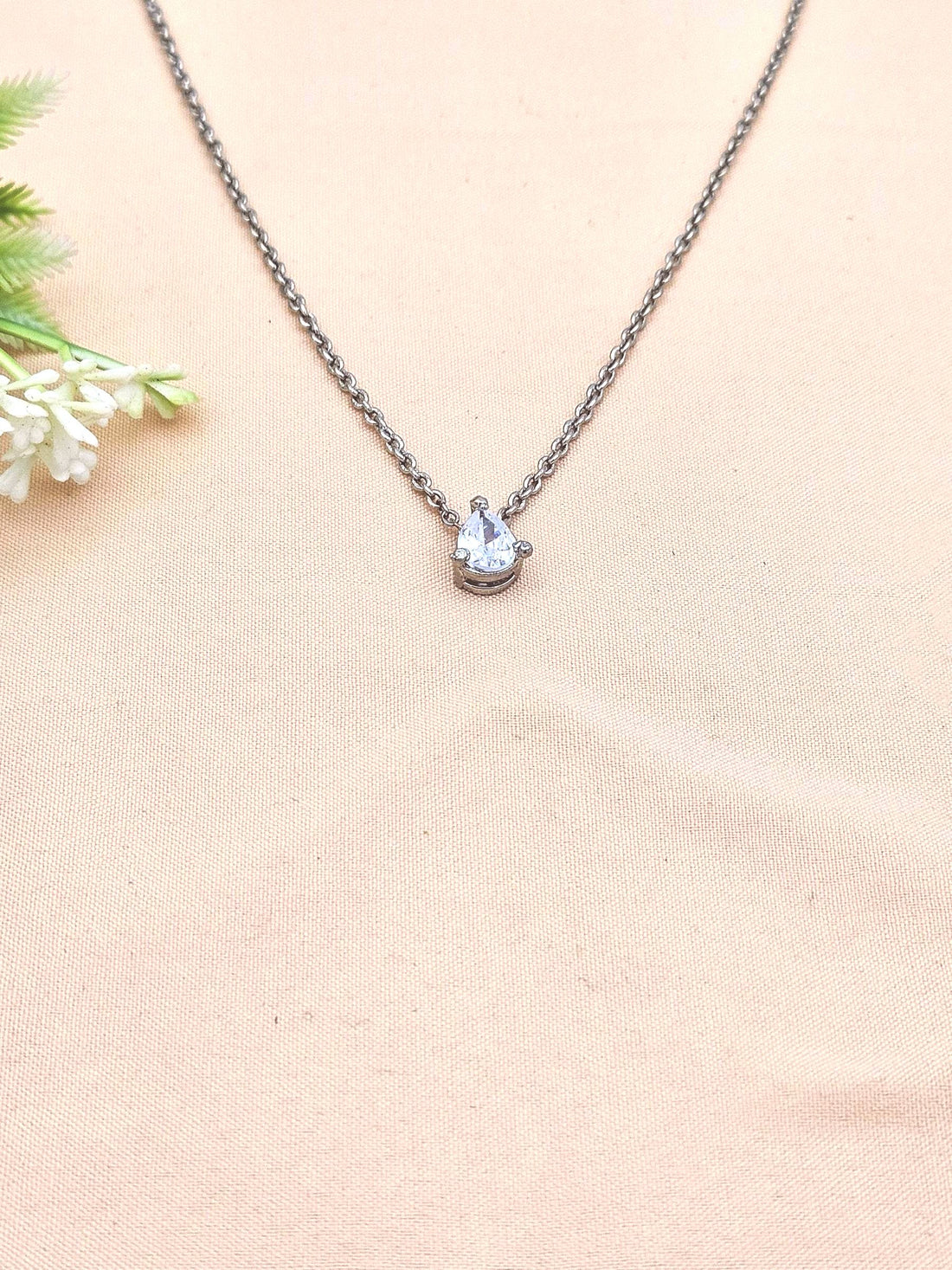 Stunning White Rhodium plated Pan Drop shape CZ Stone Light weight Chain Pendant