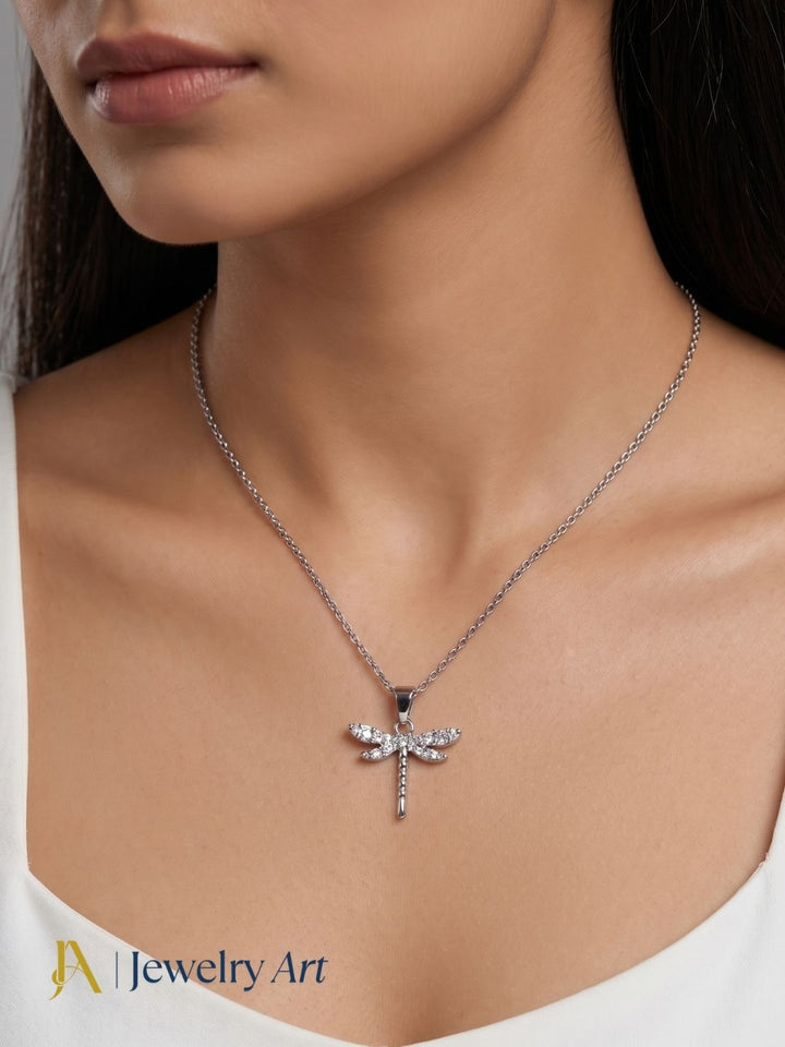 elegant white rhodium fly motif necklace with cubic zirconia detailing
