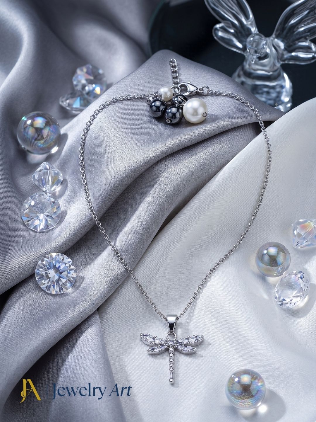 elegant white rhodium fly motif necklace with cubic zirconia detailing
