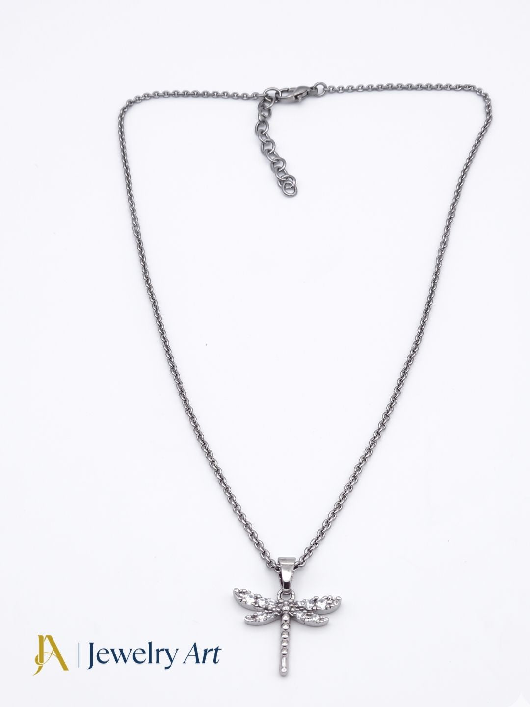 elegant white rhodium fly motif necklace with cubic zirconia detailing
