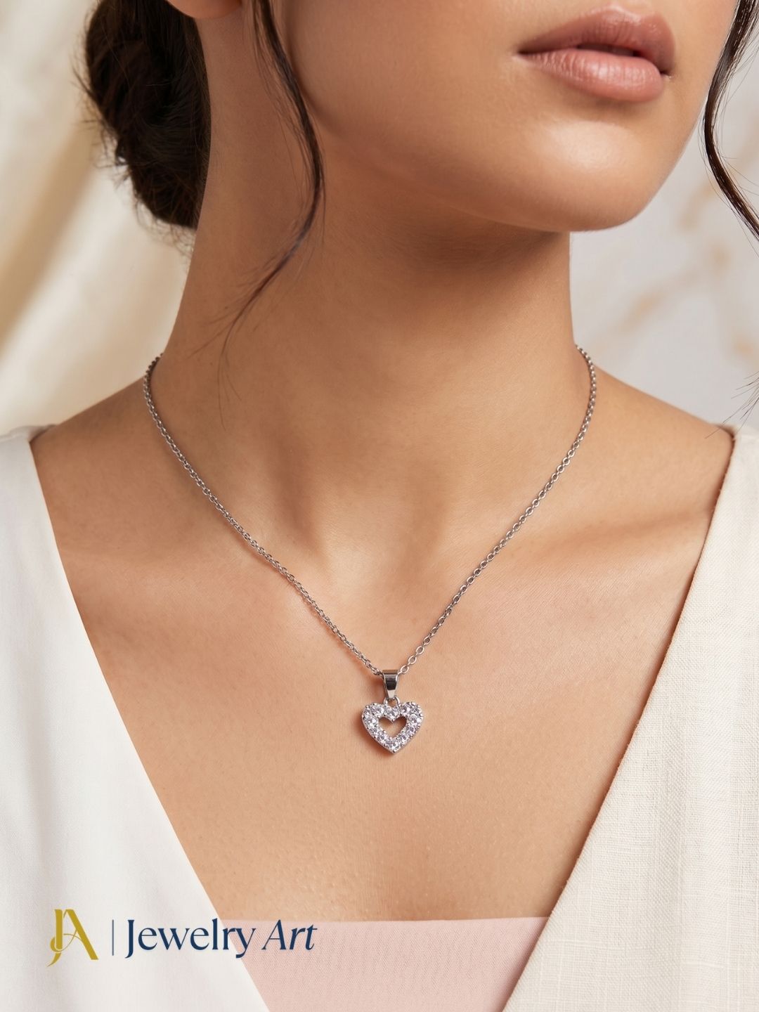 CZ stone heart pendant white rhodium plated delicate chain necklace for women

