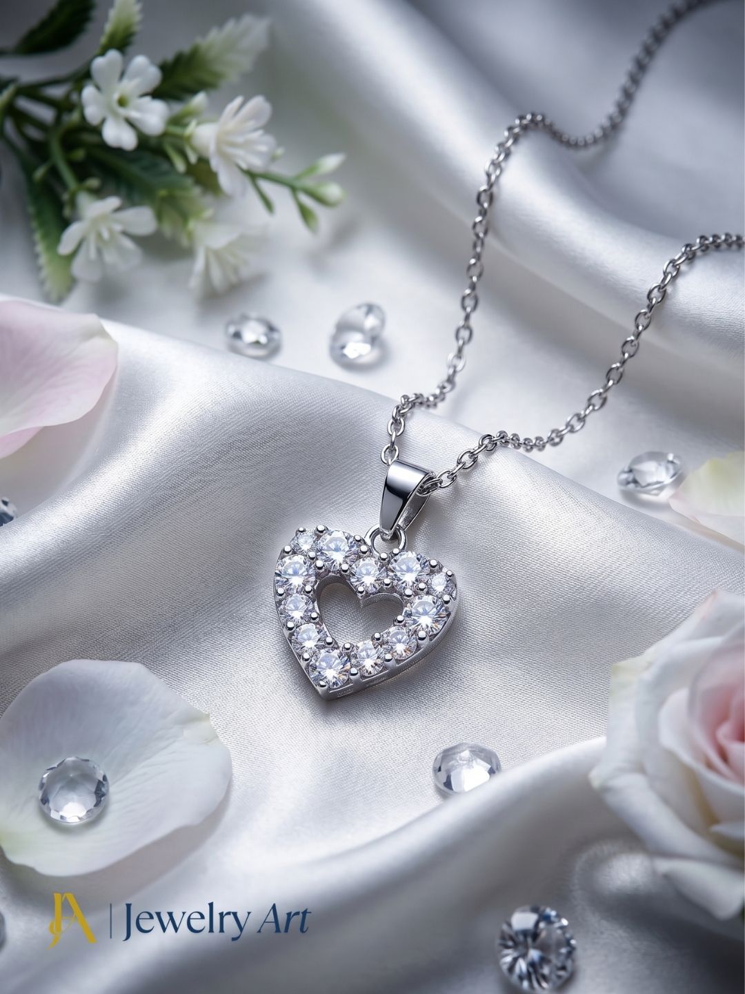 CZ stone heart pendant white rhodium plated delicate chain necklace for women
