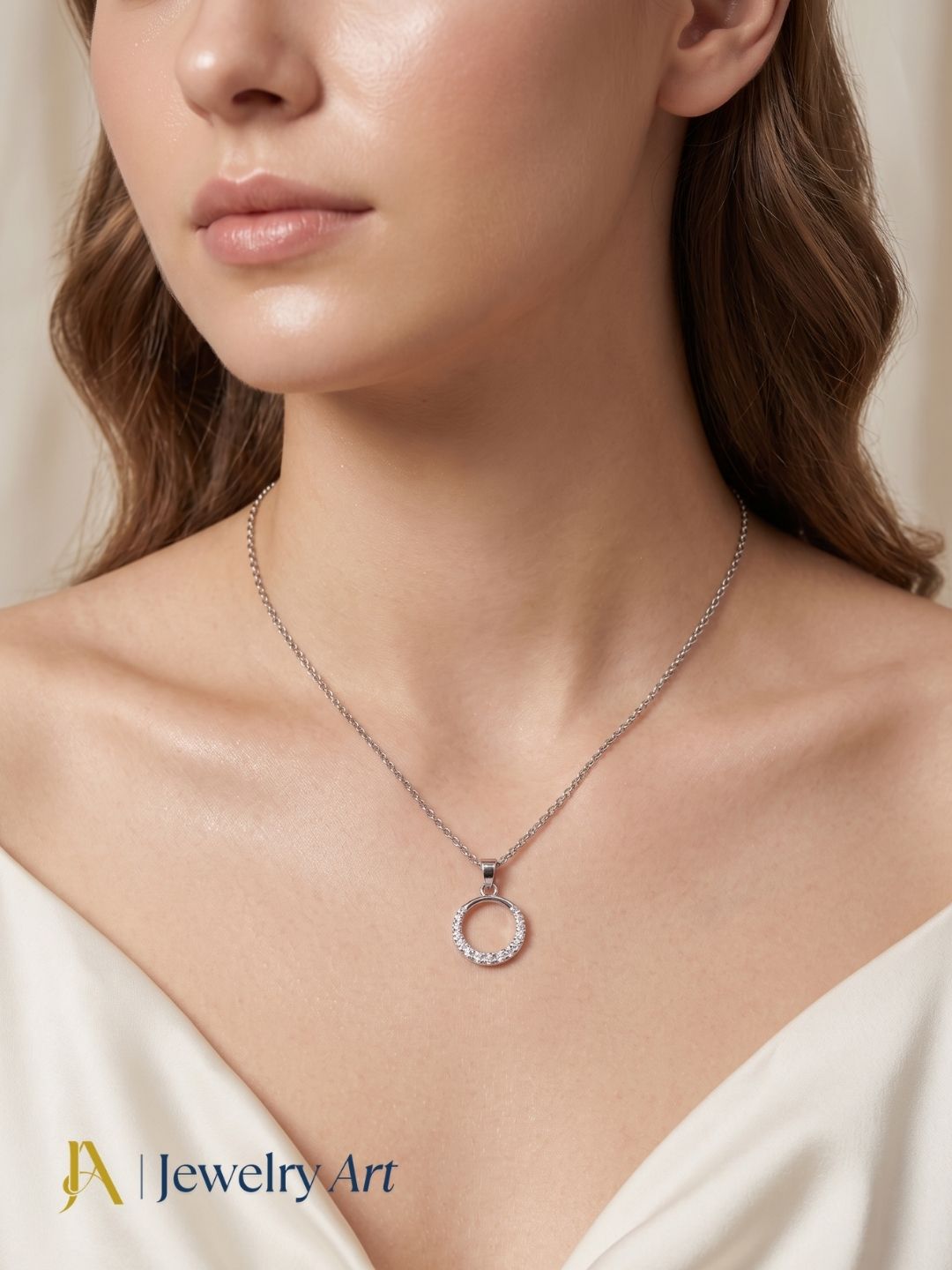 trendy white rhodium plated round pendant cubic zirconia fine chain design

