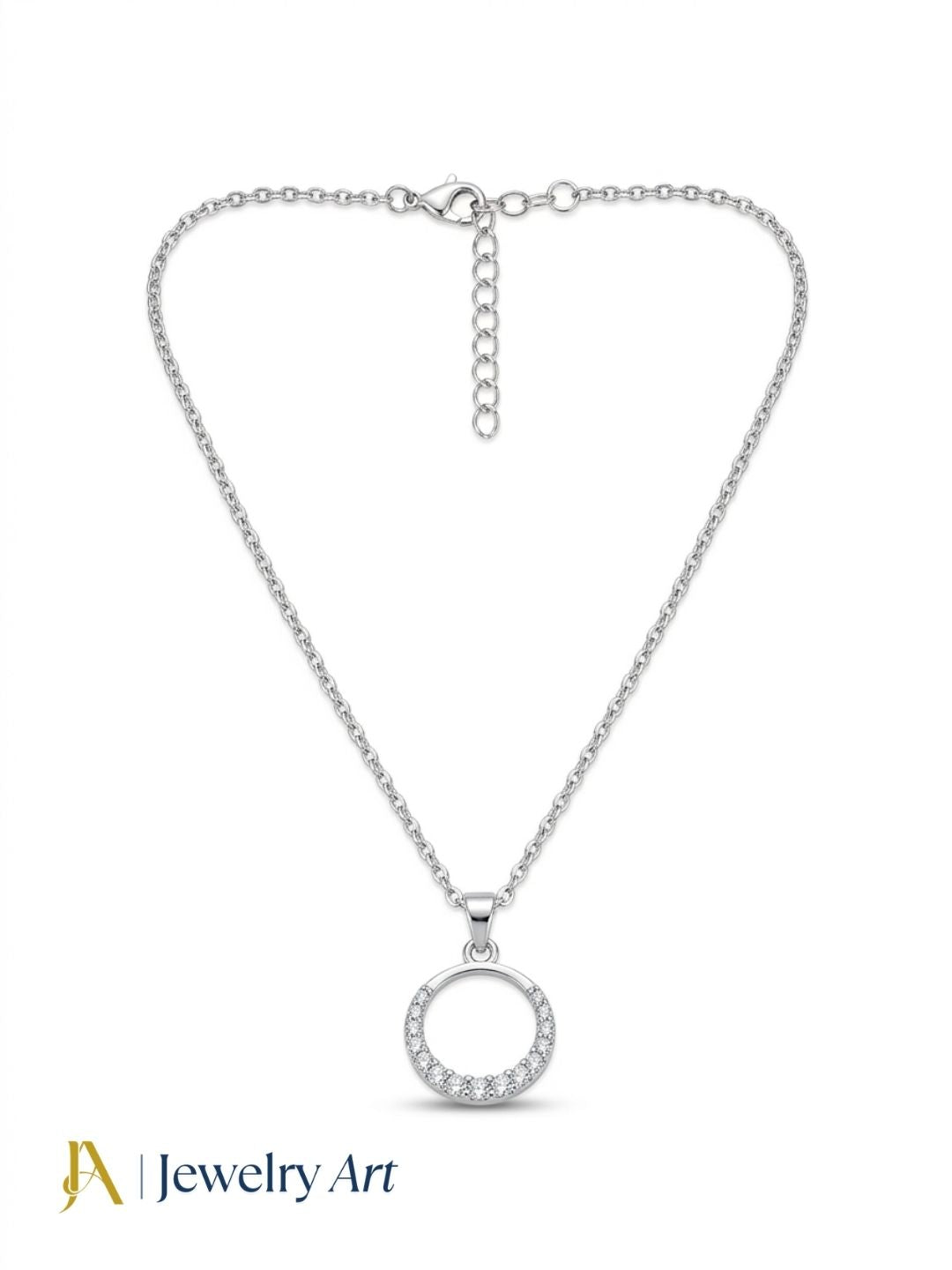 trendy white rhodium plated round pendant cubic zirconia fine chain design
