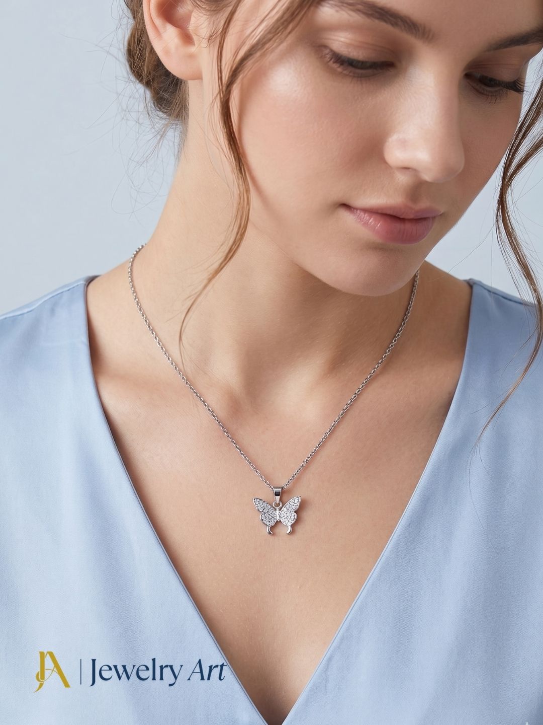 classic butterfly shape pendant necklace silver plated CZ sparkling design
