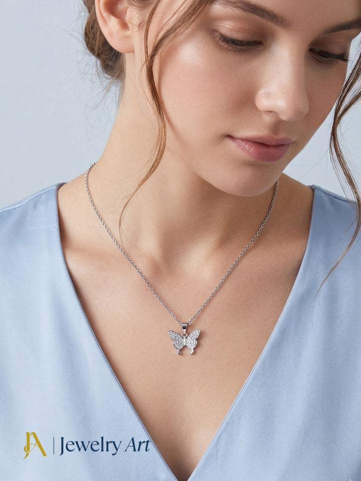 classic butterfly shape pendant necklace silver plated CZ sparkling design
