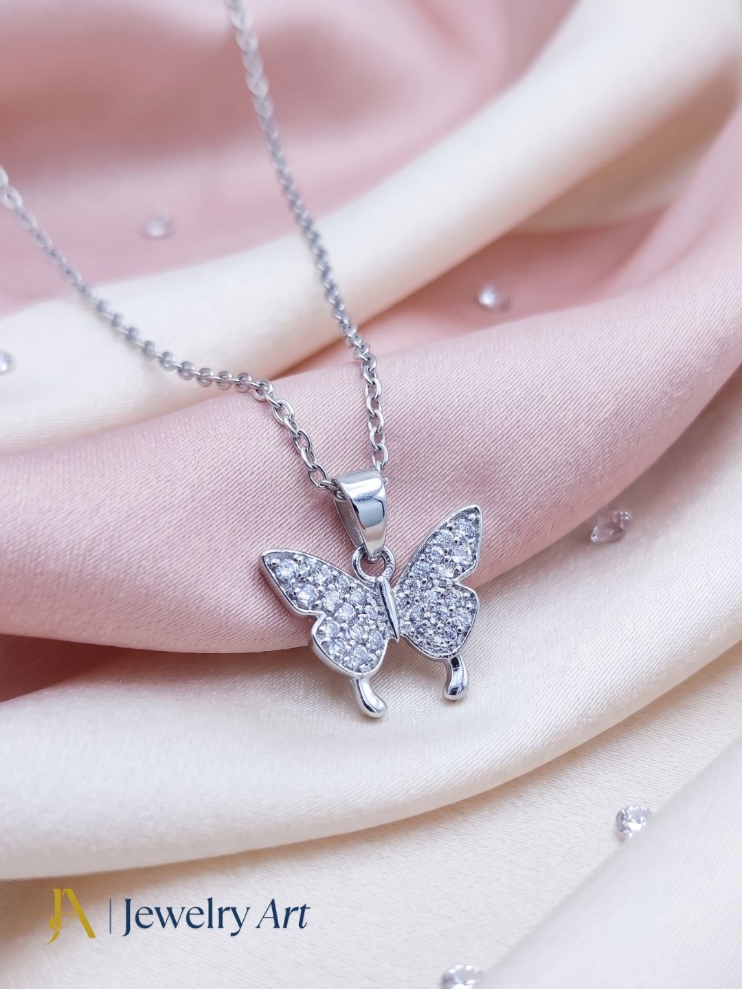 classic butterfly shape pendant necklace silver plated CZ sparkling design
