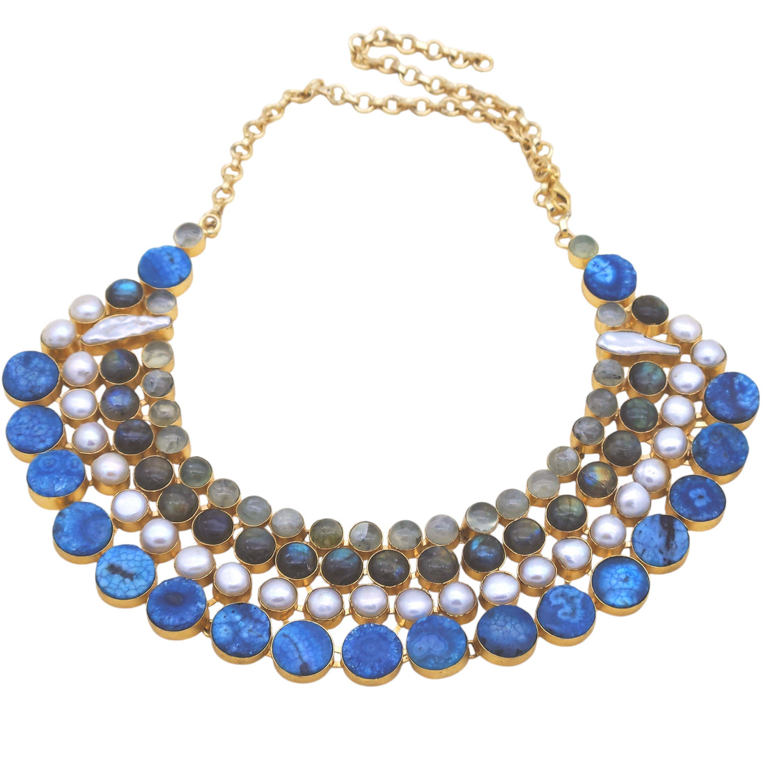 Statement necklace with semi-precious stones including Prehnite, Labradorite, Solar Quartz, and pearls in antique gold plating
