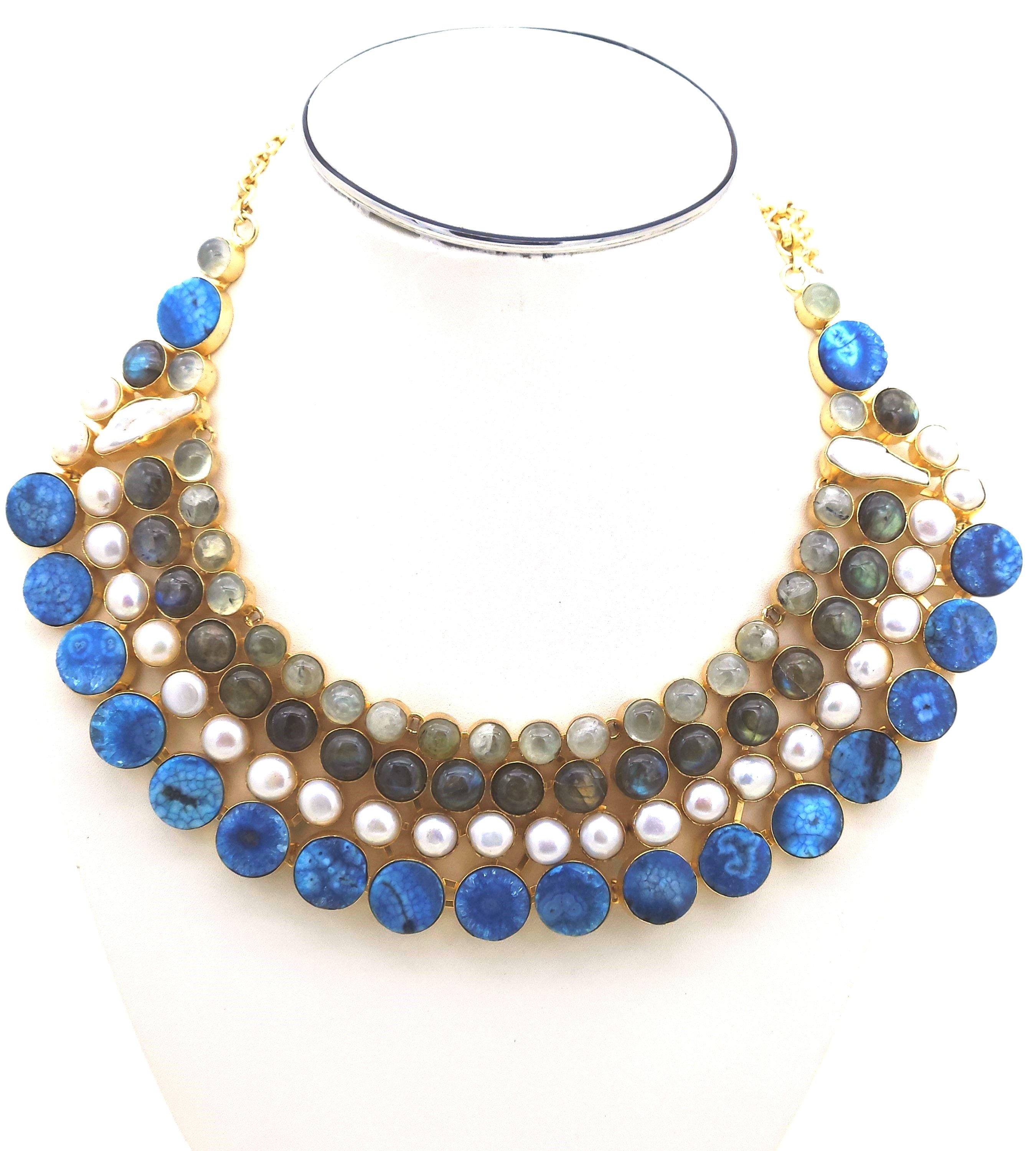 Close-up of handcrafted necklace with antique gold plating, Prehnite, Labradorite, Solar Quartz, and pearls
