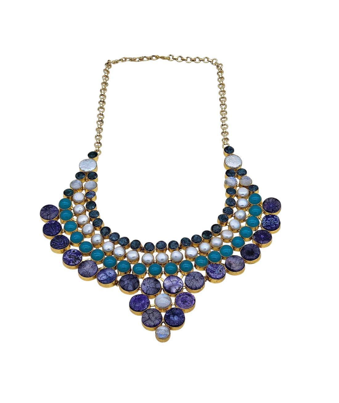 Handcrafted broad necklace with antique gold polish, Hathipara details, and embellishments in chalcedony and solar quartz
