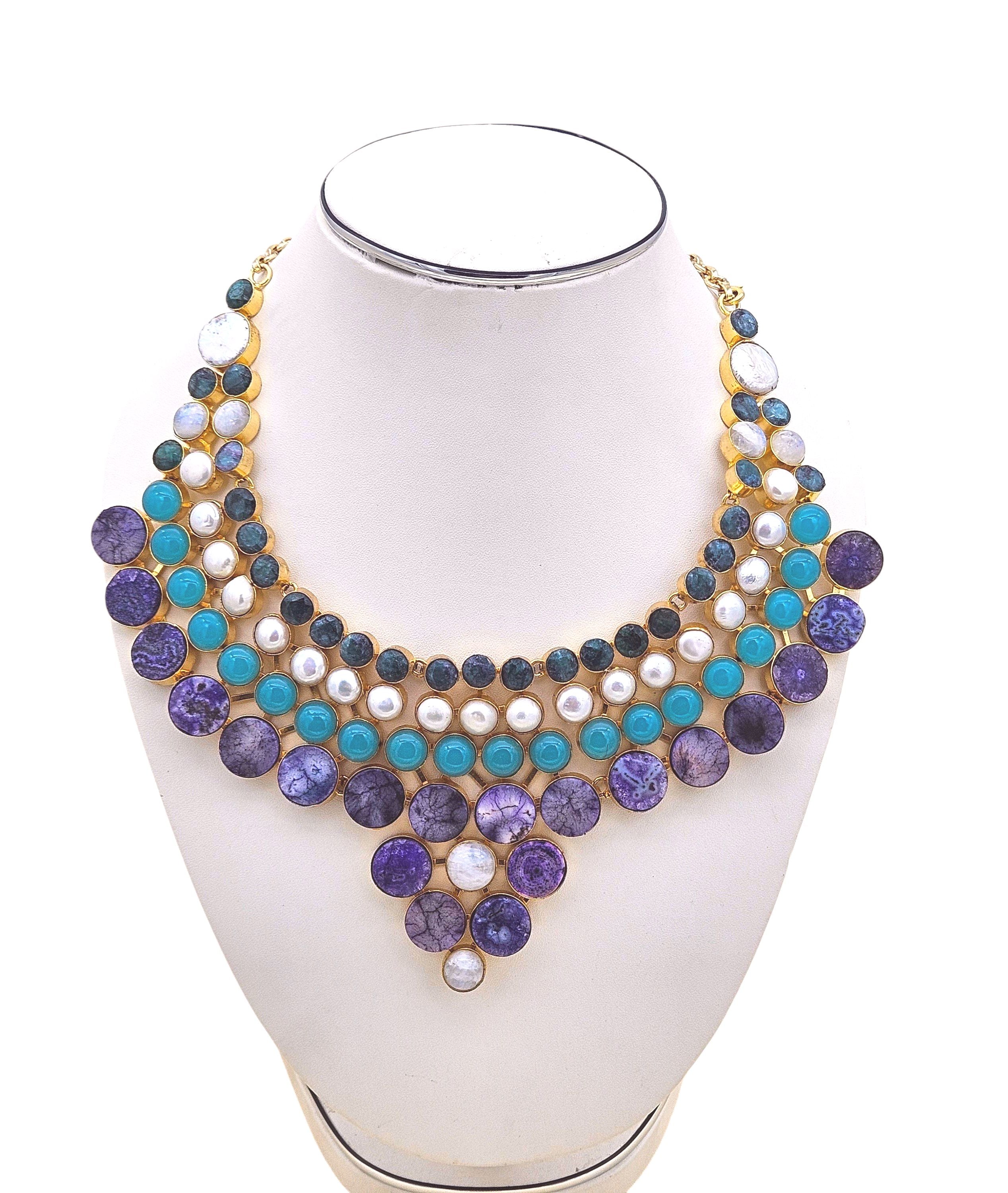 Close-up of antique gold statement necklace with Hathipara, solar quartz, and pearl chalcedony stones
