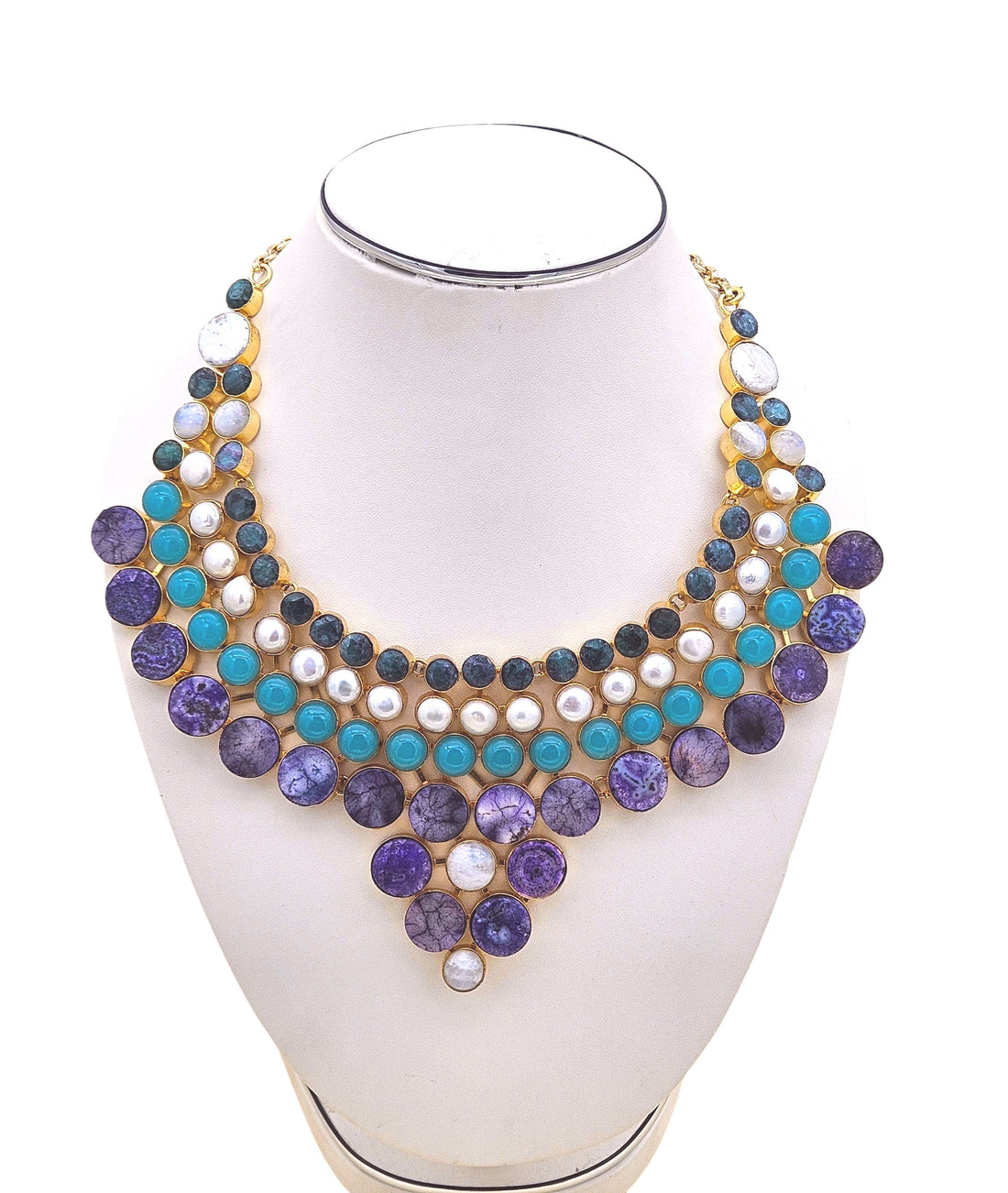 Close-up of antique gold statement necklace with Hathipara, solar quartz, and pearl chalcedony stones
