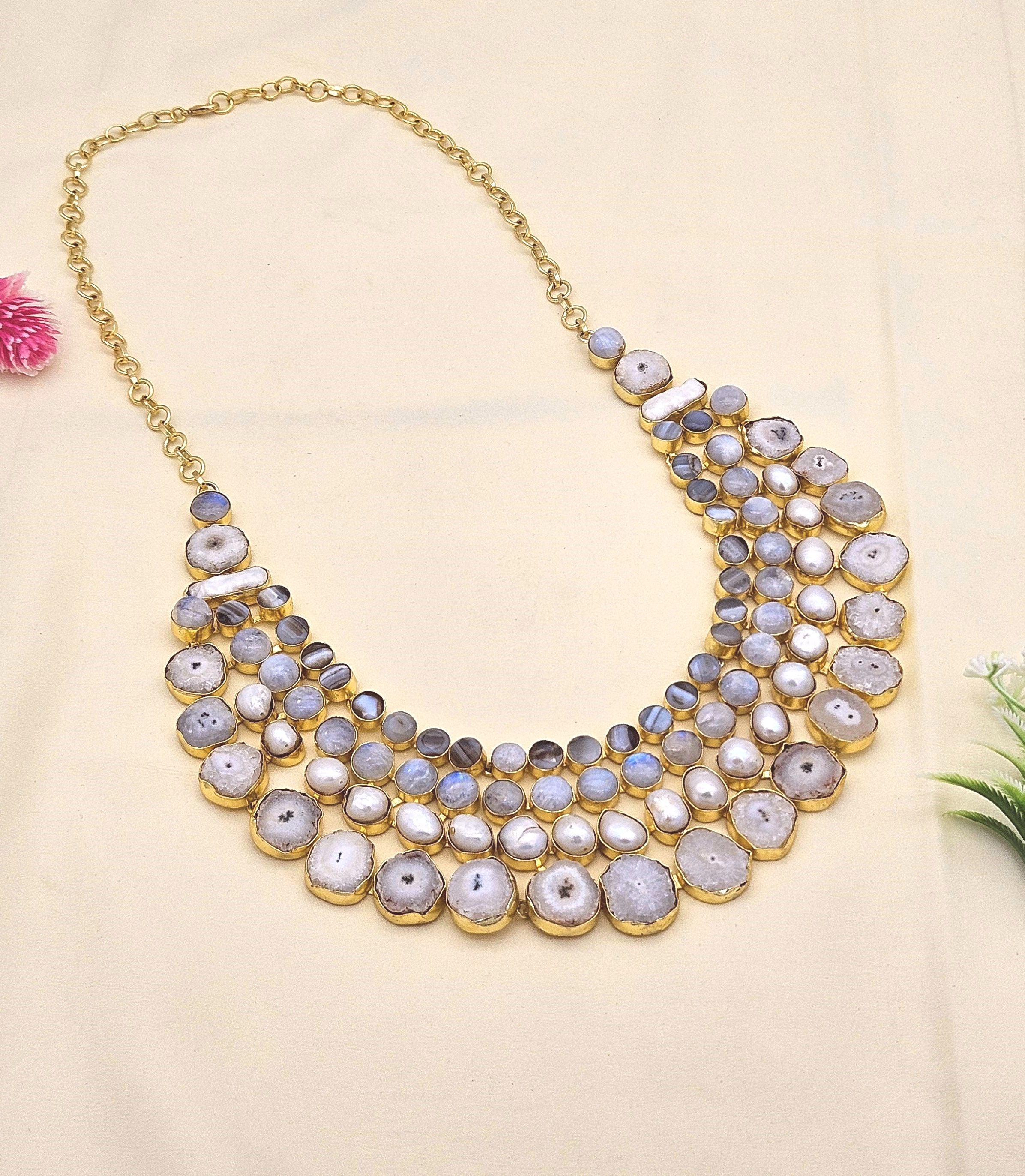 Elegant antique gold statement necklace with Agate, white rainbow stones, pearls, and solar quartz accents
