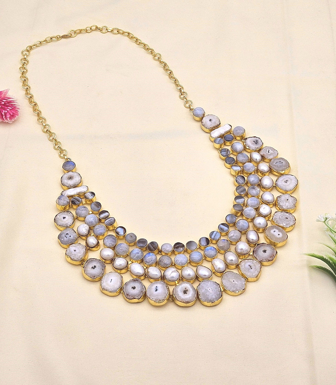 Elegant antique gold statement necklace with Agate, white rainbow stones, pearls, and solar quartz accents
