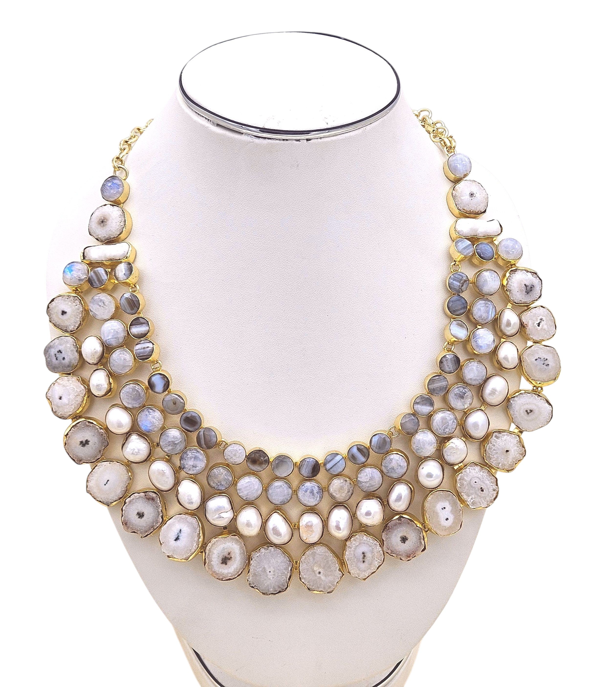 Handcrafted ethnic necklace in antique gold with Agate, solar quartz, pearls, and white rainbow stones