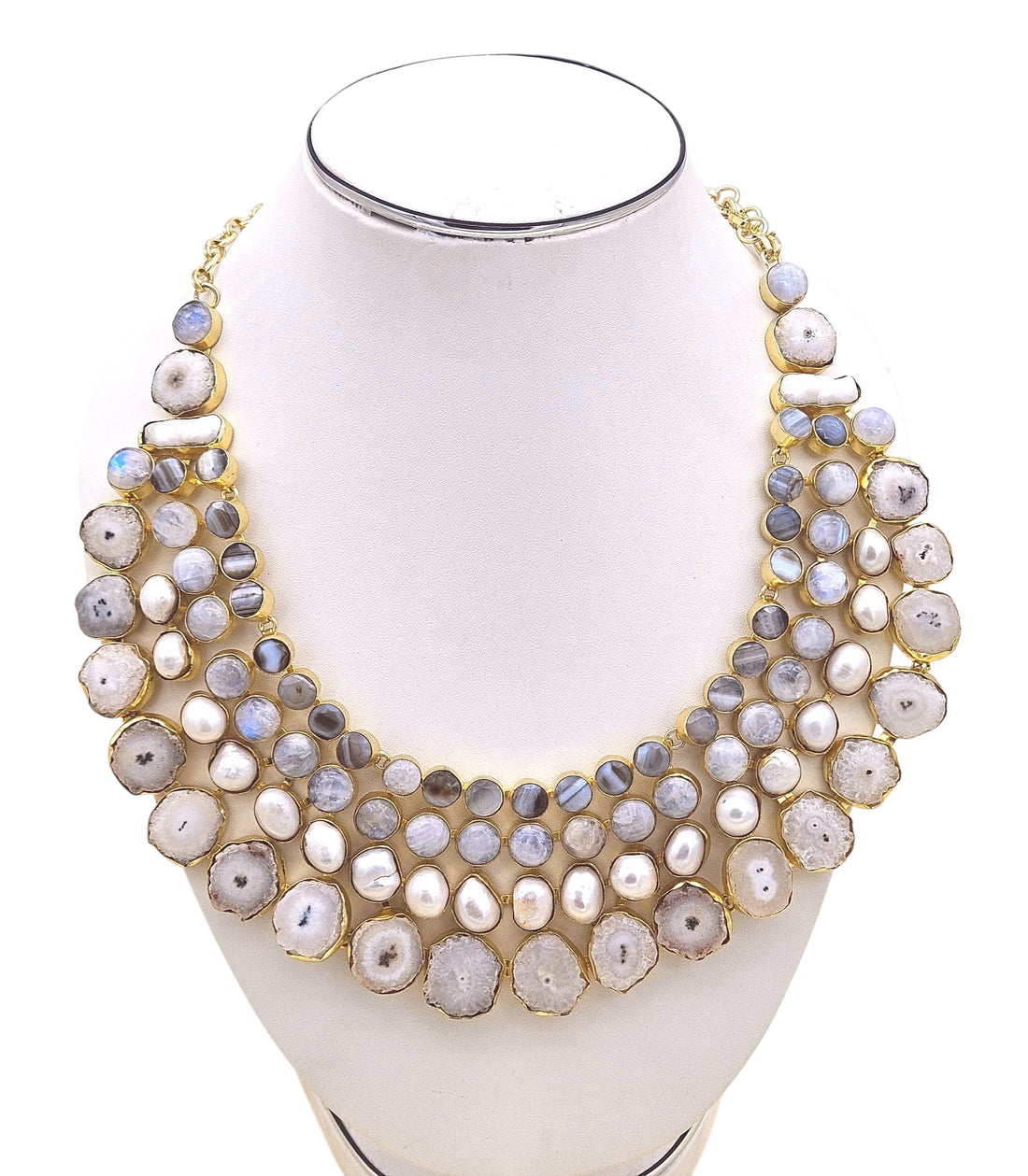 Handcrafted ethnic necklace in antique gold with Agate, solar quartz, pearls, and white rainbow stones