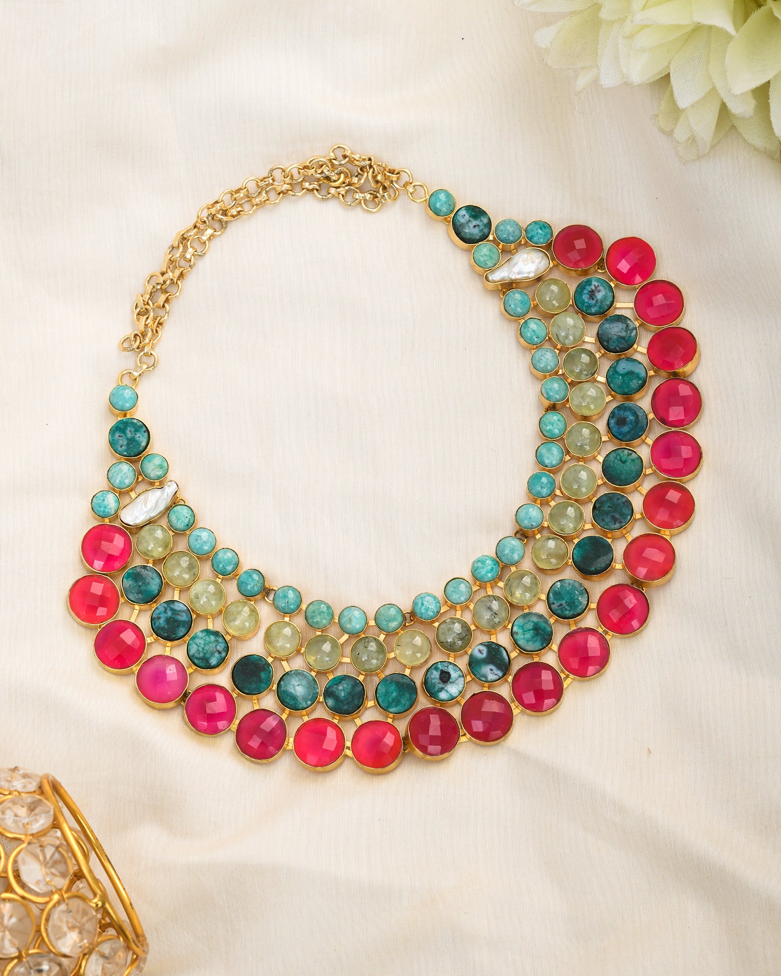 Bold and beautiful gold plated broad necklace with Amazonite, Solar Quartz, Magenta Onyx, and Pearl accents
