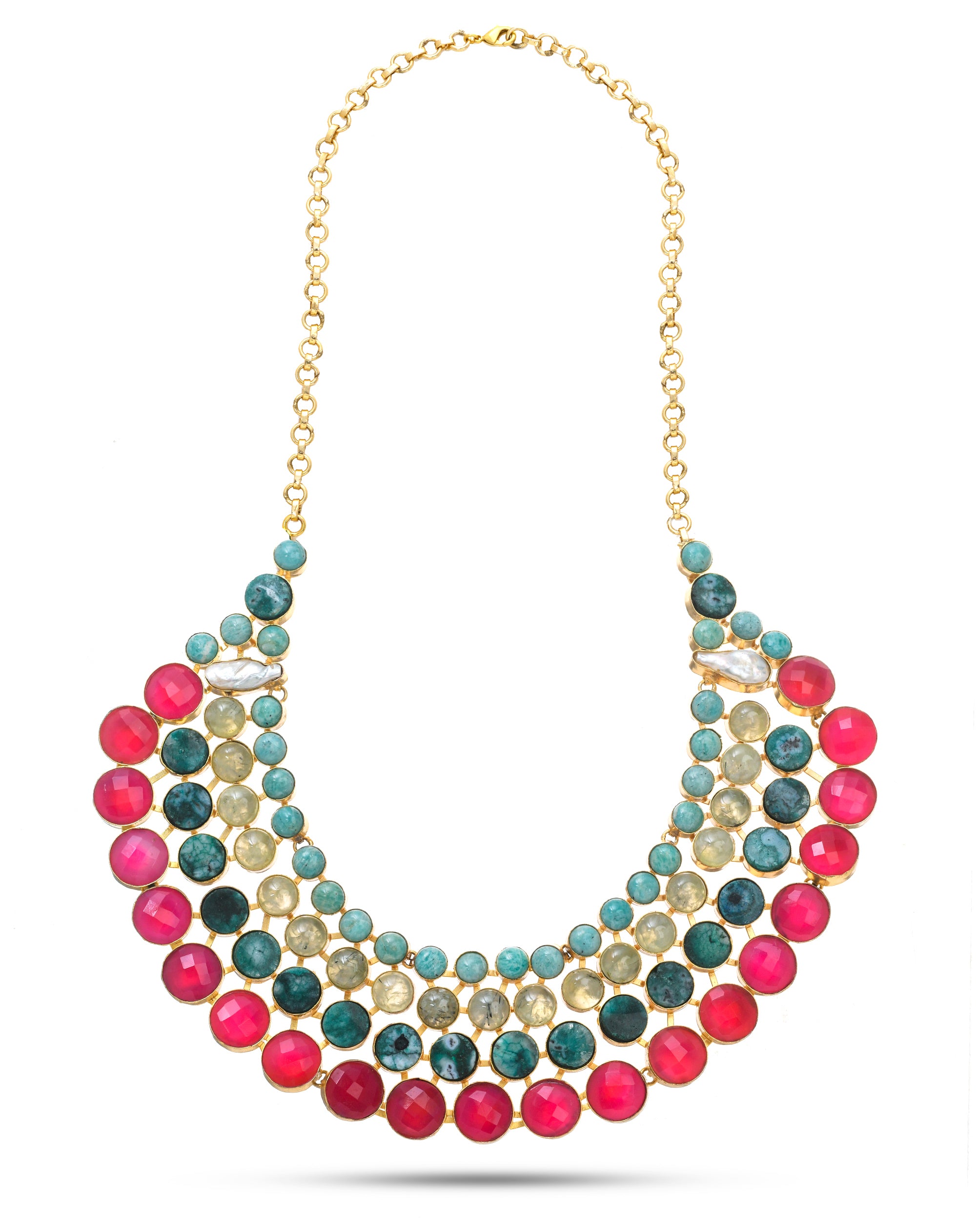 Luxurious broad necklace in gold, accented with earthy Amazonite, glowing Solar Quartz, magenta stones, and pearls
