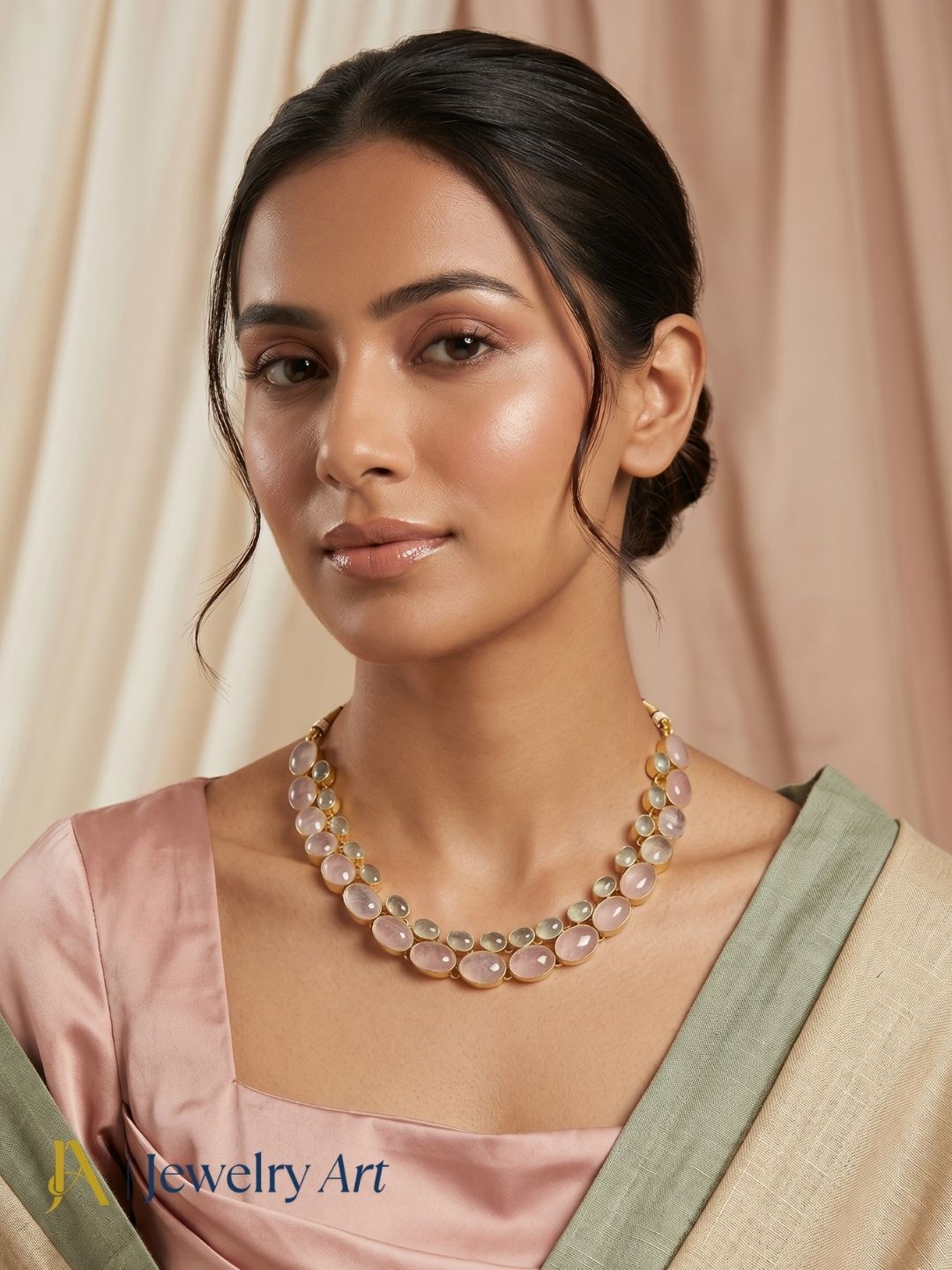 Modern designer gold plated necklace with natural gemstone accents
