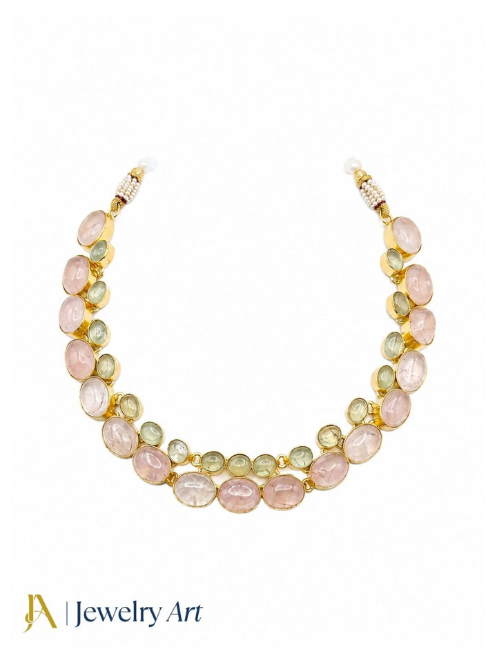 Modern designer gold plated necklace with natural gemstone accents

