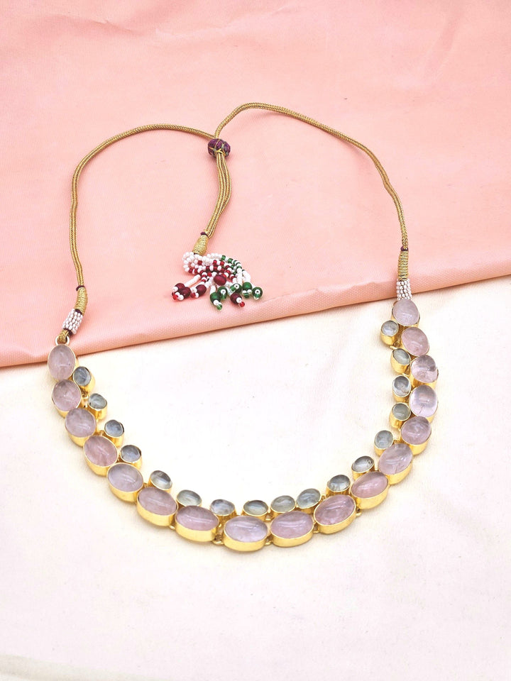 Amazing Gold plated - Rose Quartz-Prehnite Stone Light weight Designer Statement Necklace