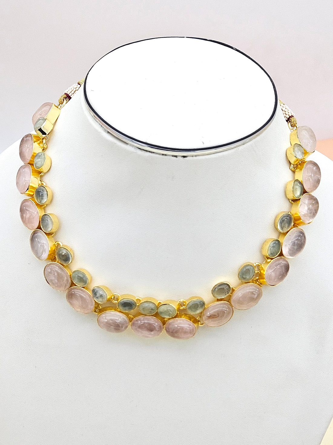 Amazing Gold plated - Rose Quartz-Prehnite Stone Light weight Designer Statement Necklace