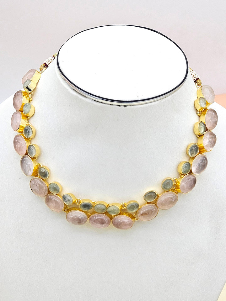 Amazing Gold plated - Rose Quartz-Prehnite Stone Light weight Designer Statement Necklace