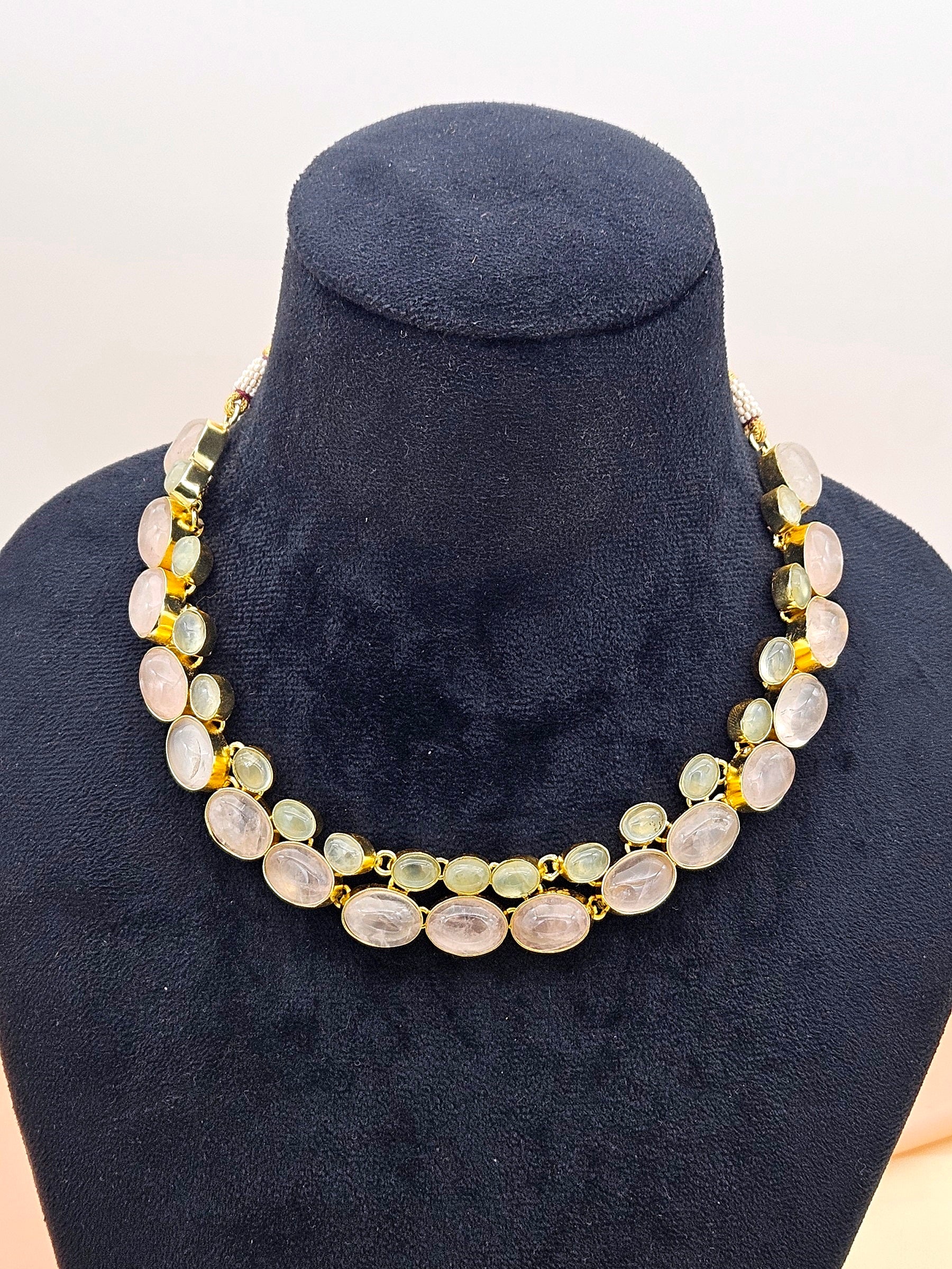 Amazing Gold plated - Rose Quartz-Prehnite Stone Light weight Designer Statement Necklace