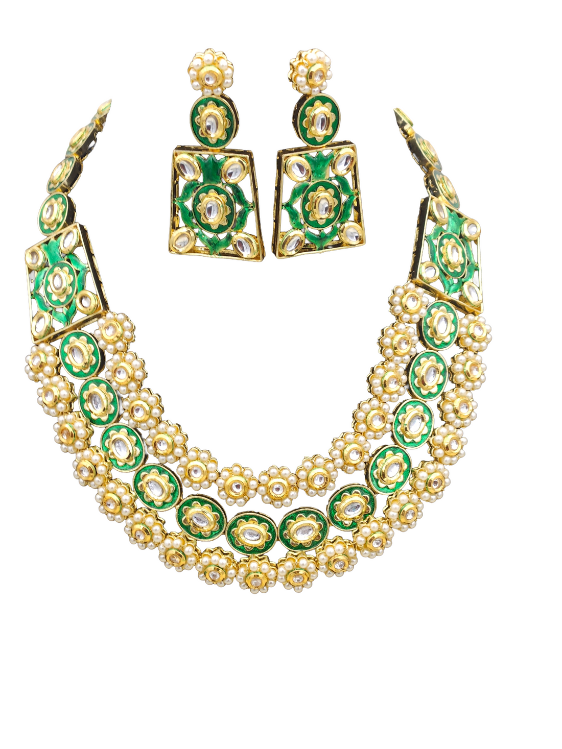 Artisan-crafted gold-plated Kundan-Meena necklace and earrings with shimmering synthetic Polki stones and heritage-inspired pearl design
