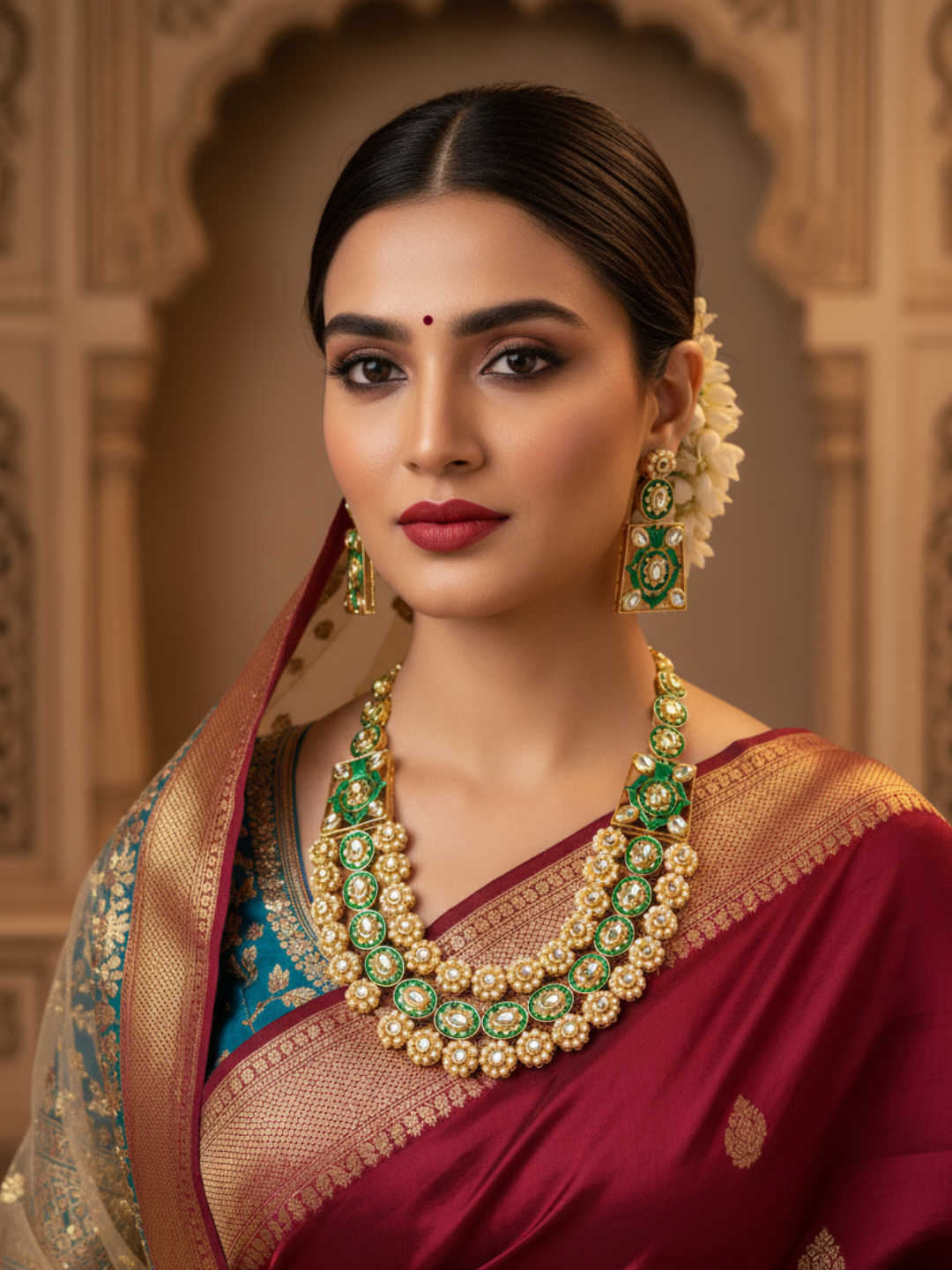 Stunning Antique Gold plated Brass Kundan Glass Polky- Green Meena- Pearl Necklace-Earring Set