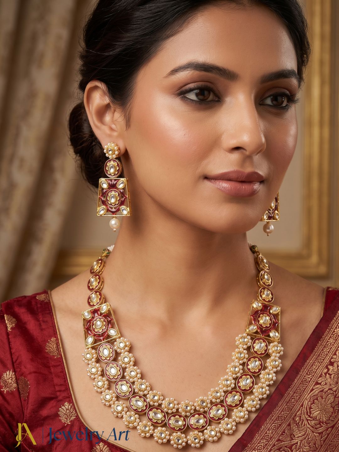 Traditional Indian antique gold jewelry set with pearls and Meenakari accents
