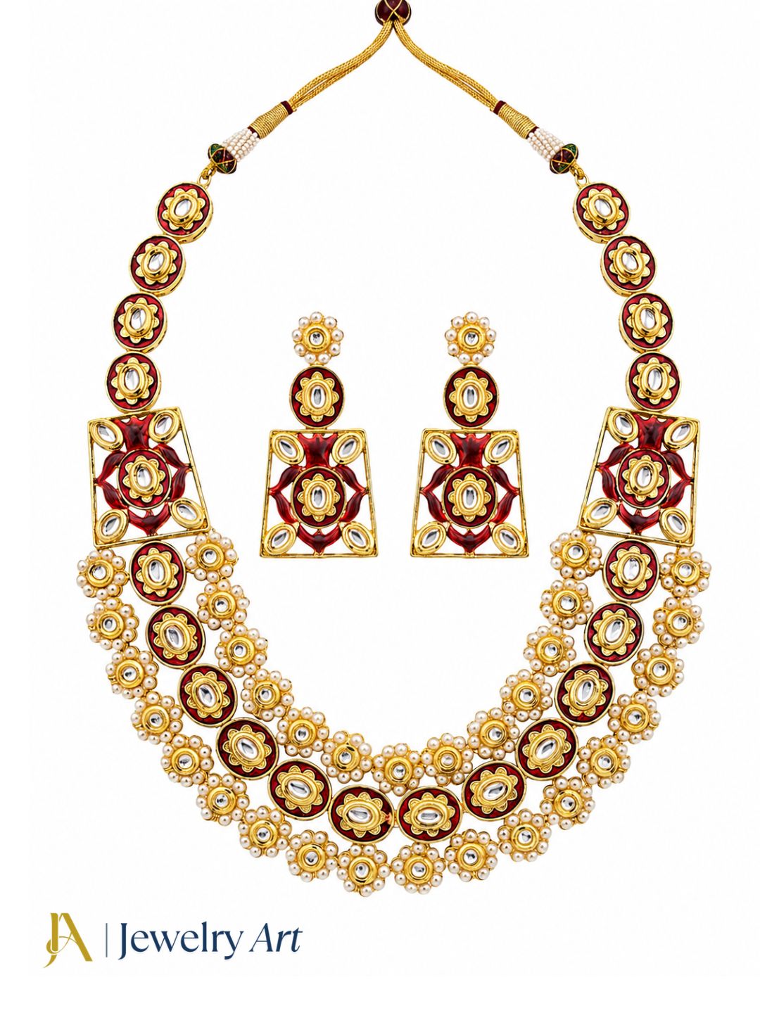 Stunning Antique Gold plated Brass Kundan Glass Polky- Red Meena- Pearl Necklace-Earring Set