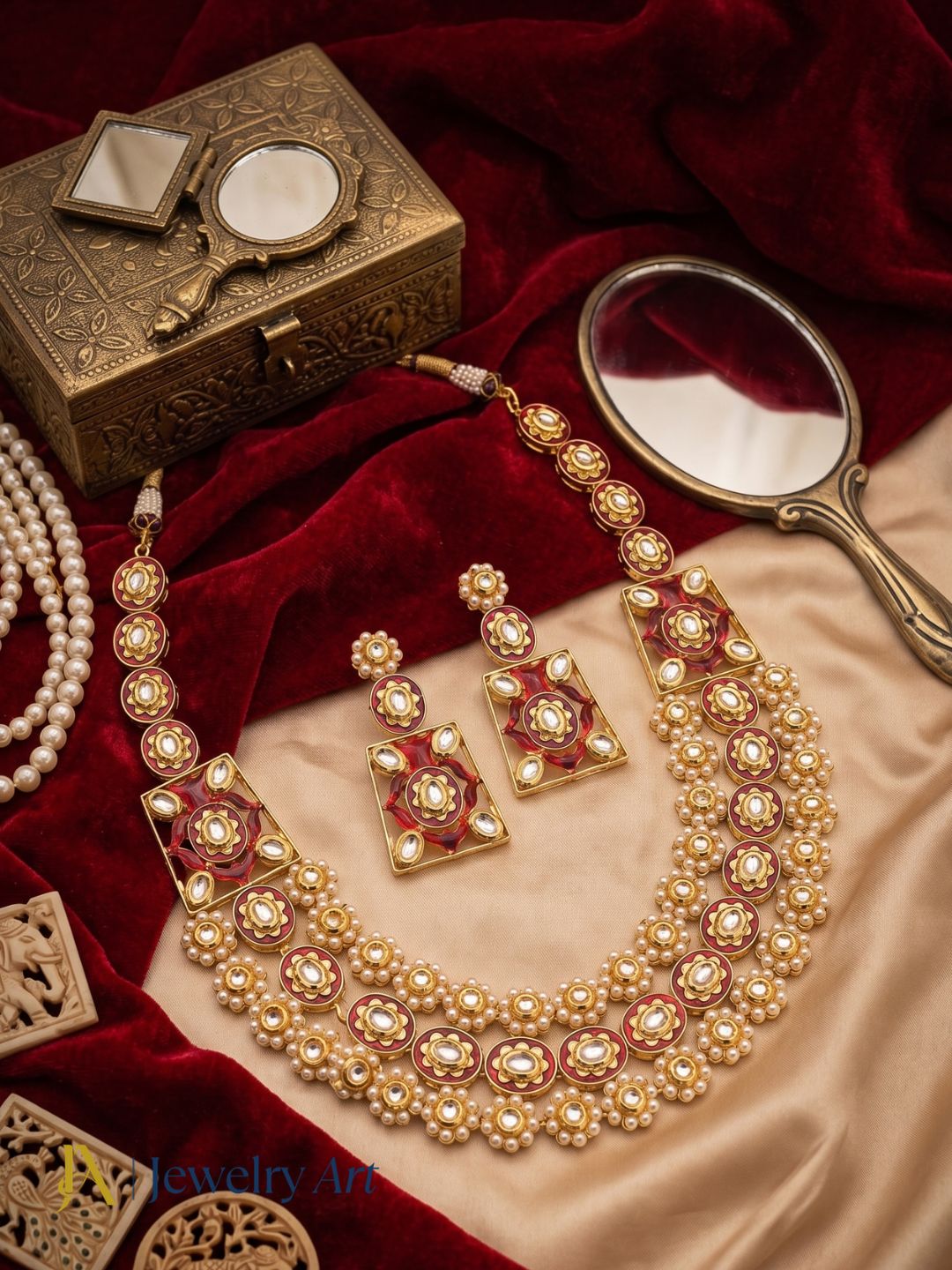 Stunning Antique Gold plated Brass Kundan Glass Polky- Red Meena- Pearl Necklace-Earring Set