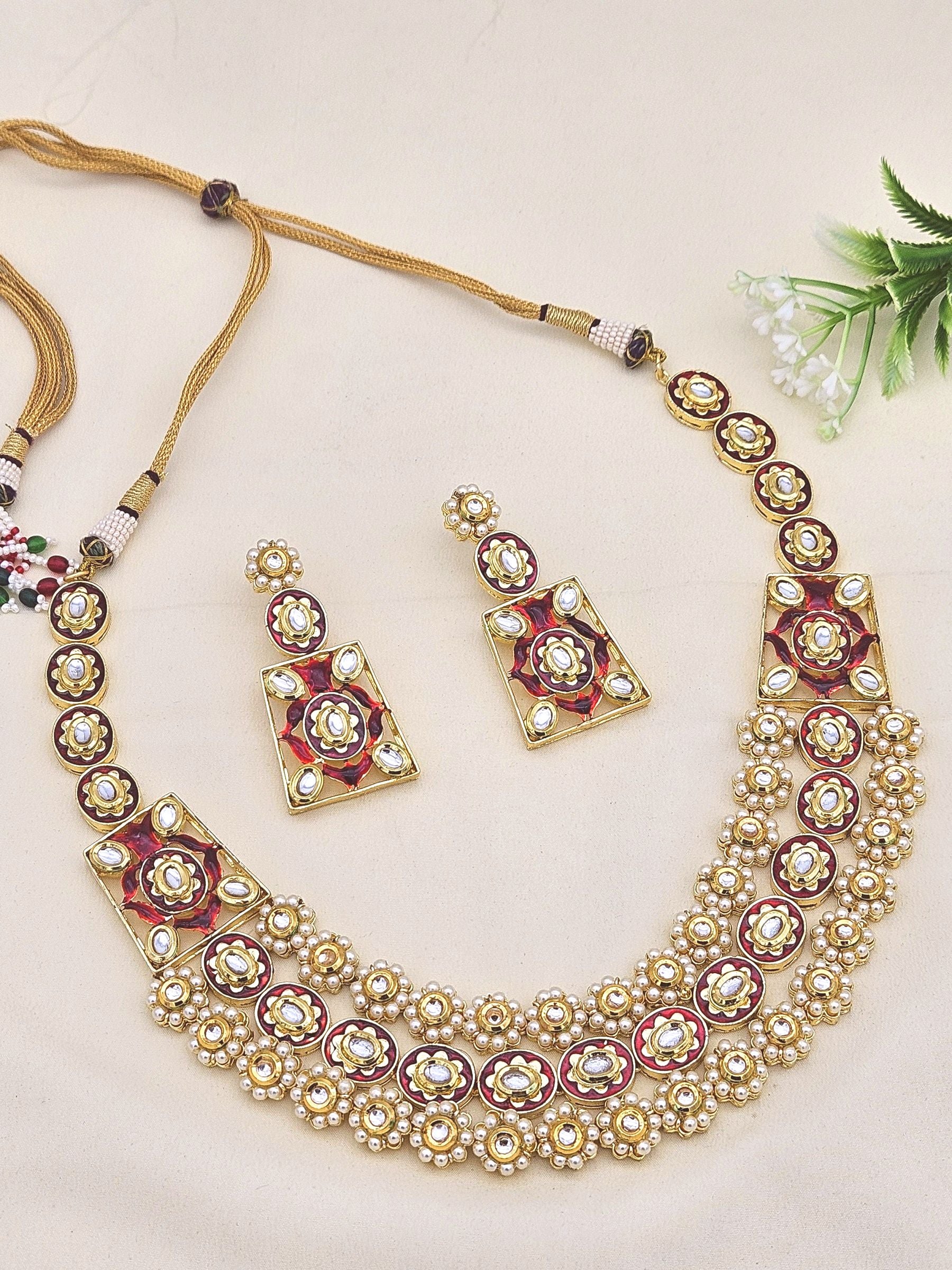 Stunning Antique Gold plated Brass Kundan Glass Polky- Red Meena- Pearl Necklace-Earring Set