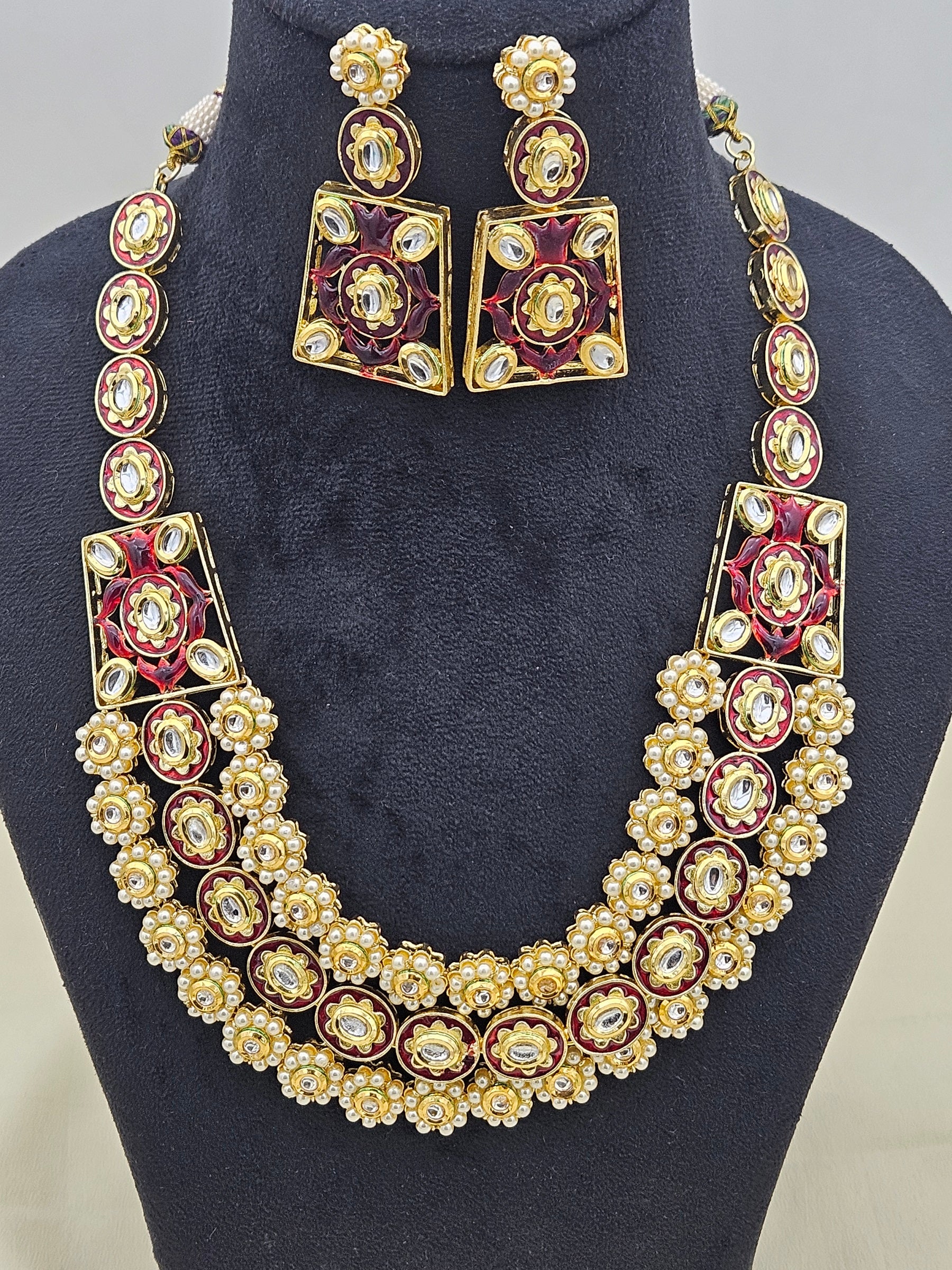 Stunning Antique Gold plated Brass Kundan Glass Polky- Red Meena- Pearl Necklace-Earring Set