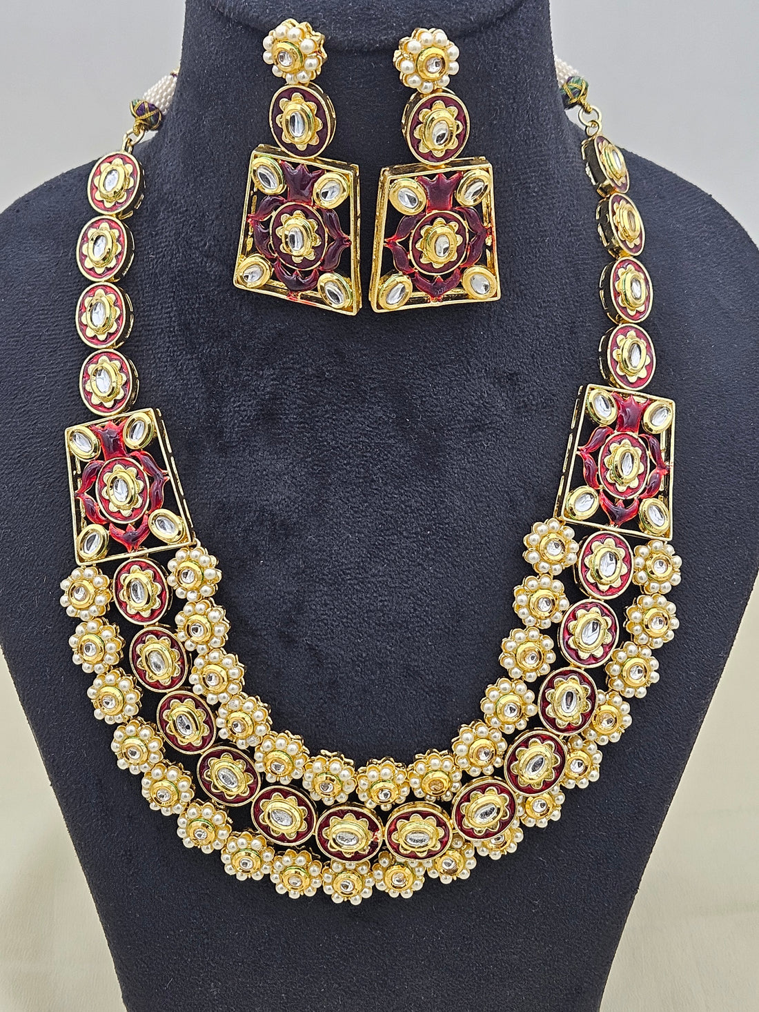 Stunning Antique Gold plated Brass Kundan Glass Polky- Red Meena- Pearl Necklace-Earring Set